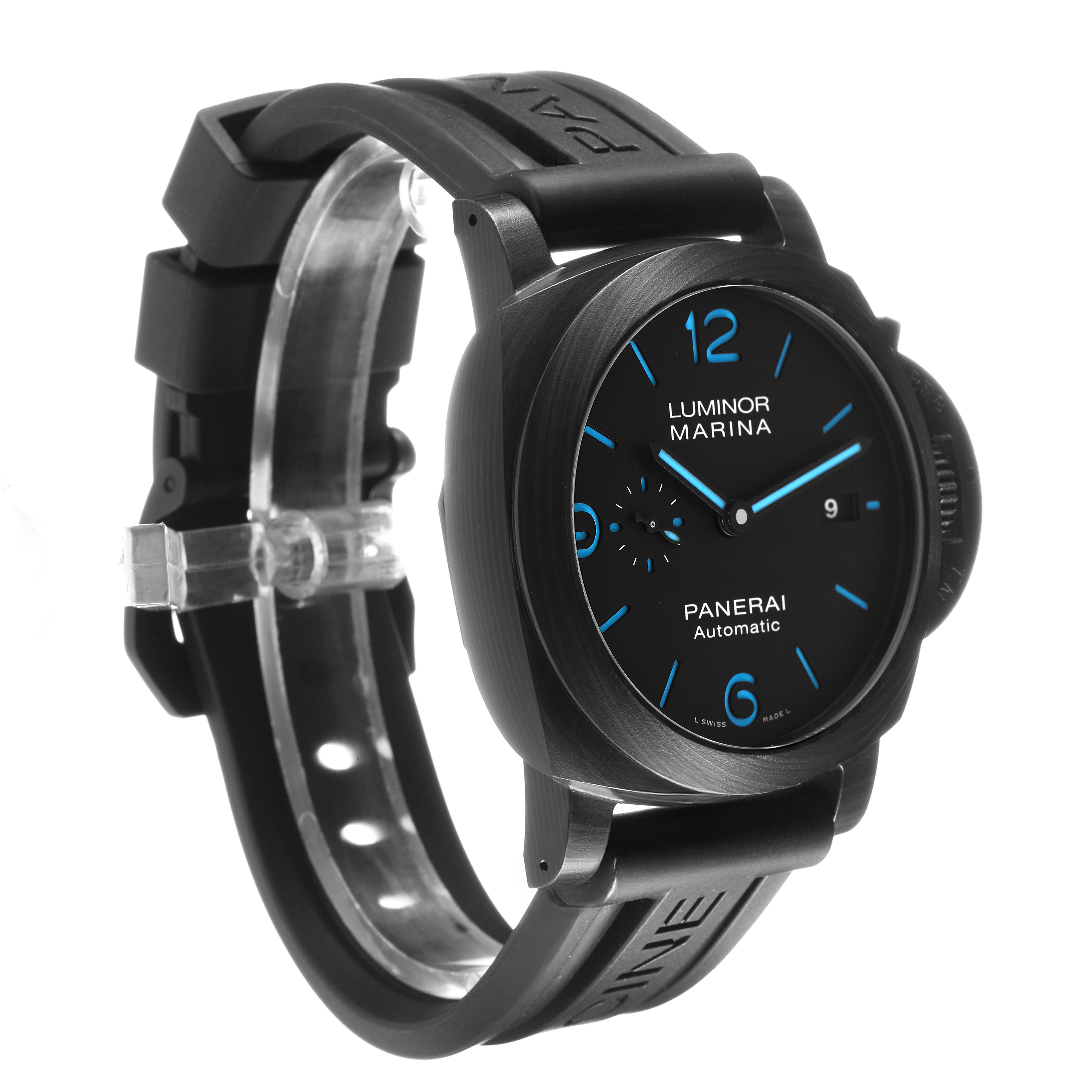 The Panerai Luminor PAM01661 Men's Ceramic Black Dial watch is shown at a front three-quarter angle, highlighting the case, dial, and strap.