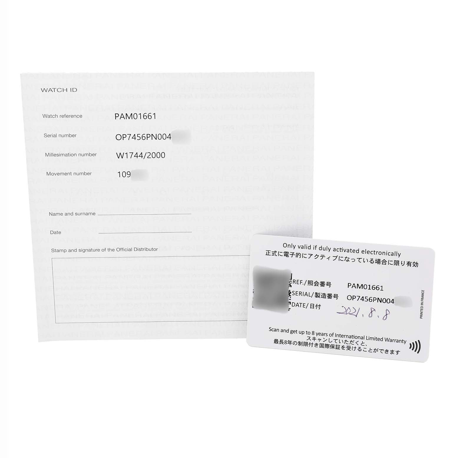 The image shows a warranty card and watch ID papers for a Panerai Luminor PAM01661 Men's Ceramic Black Dial model, PAM01661, displayed flat.