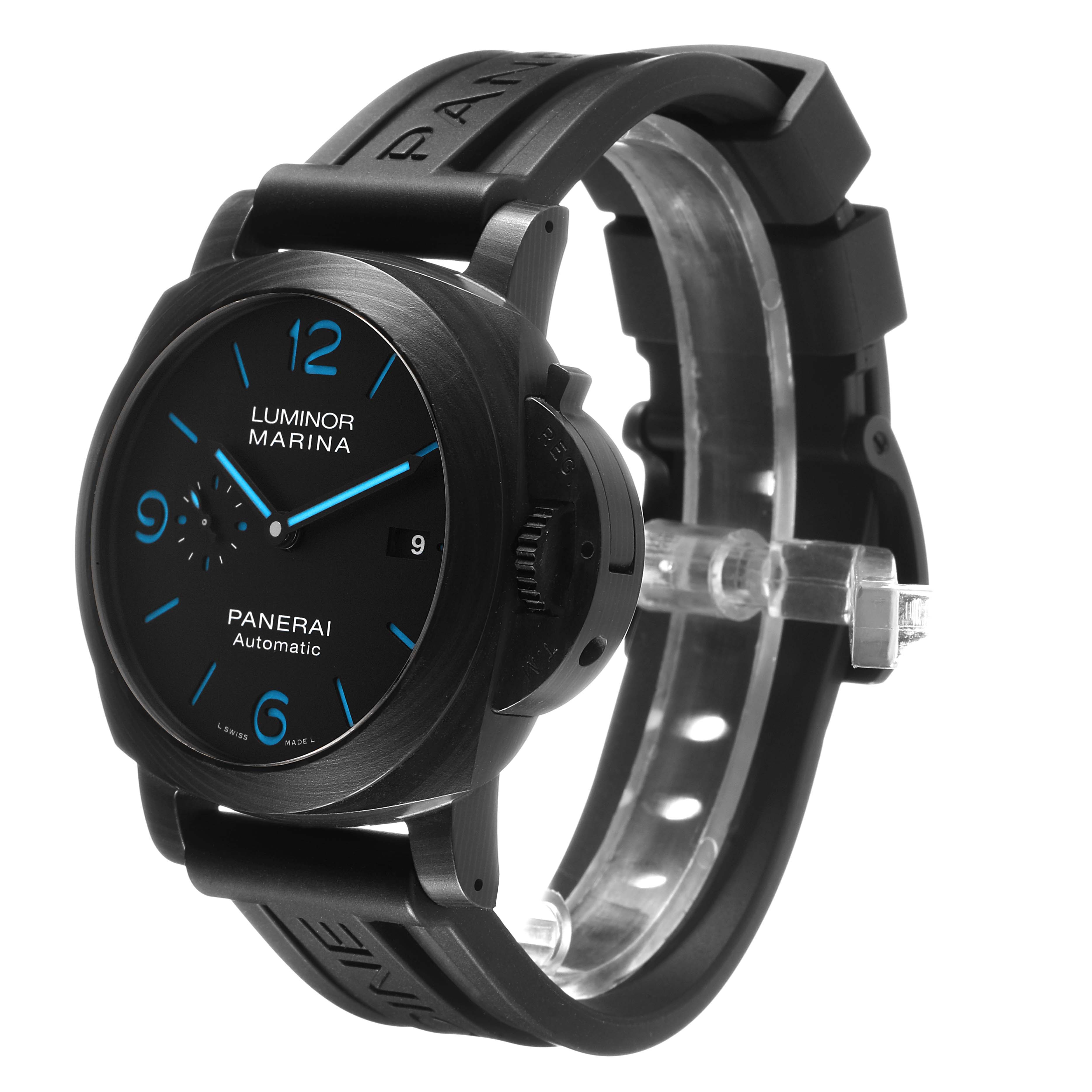 The Panerai Luminor PAM01661 Men's Ceramic Black Dial watch is shown from a 3/4 angle highlighting the face, case, strap, and crown protector.