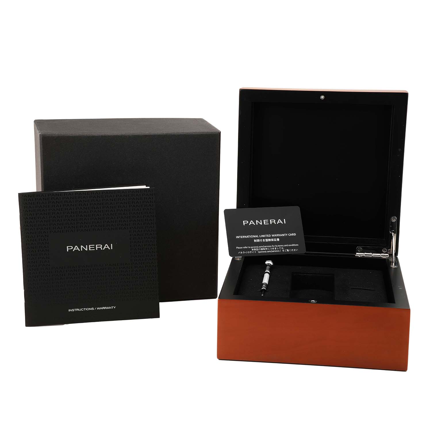 The image shows an open Panerai Luminor PAM01661 Men's Ceramic Black Dial watch box and its accessories, including a warranty card and an instruction booklet.
