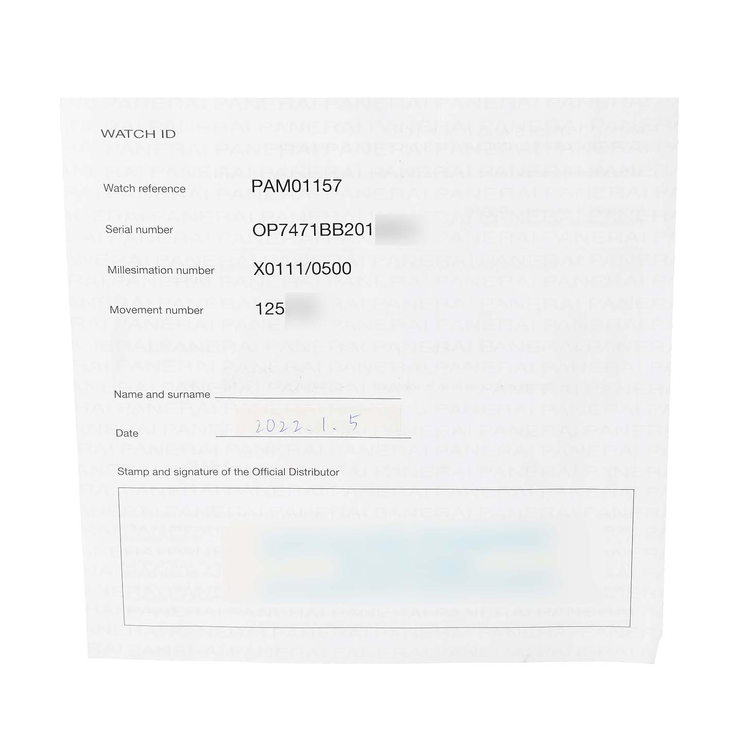 The image shows a warranty or identification document for a Panerai Luminor PAM01157 Men's Stainless Steel Blue Dial model watch, detailing reference and serial numbers.