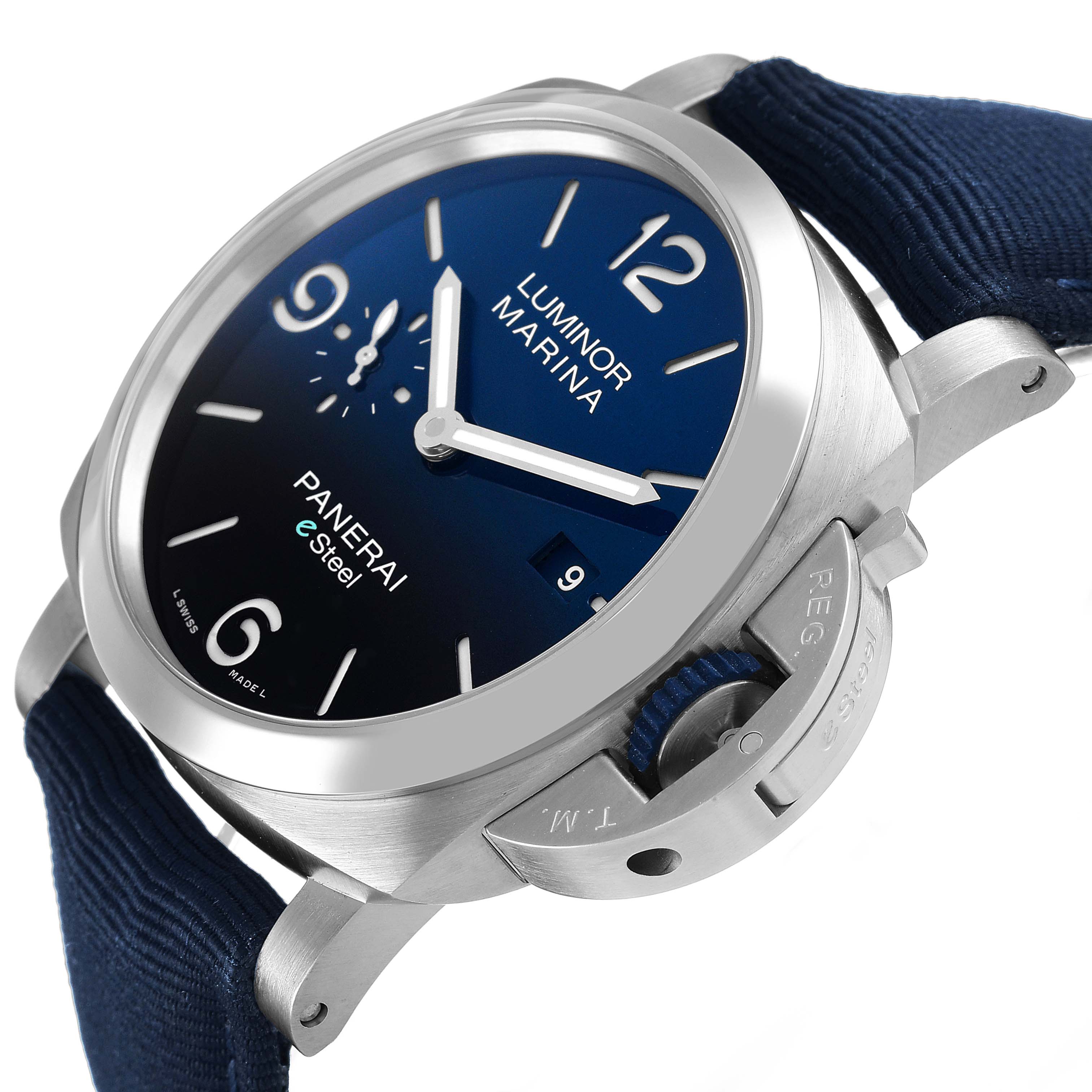 The image shows a Panerai Luminor PAM01157 Men's Stainless Steel Blue Dial watch at a three-quarter angle, highlighting the dial, crown guard, and part of the strap.