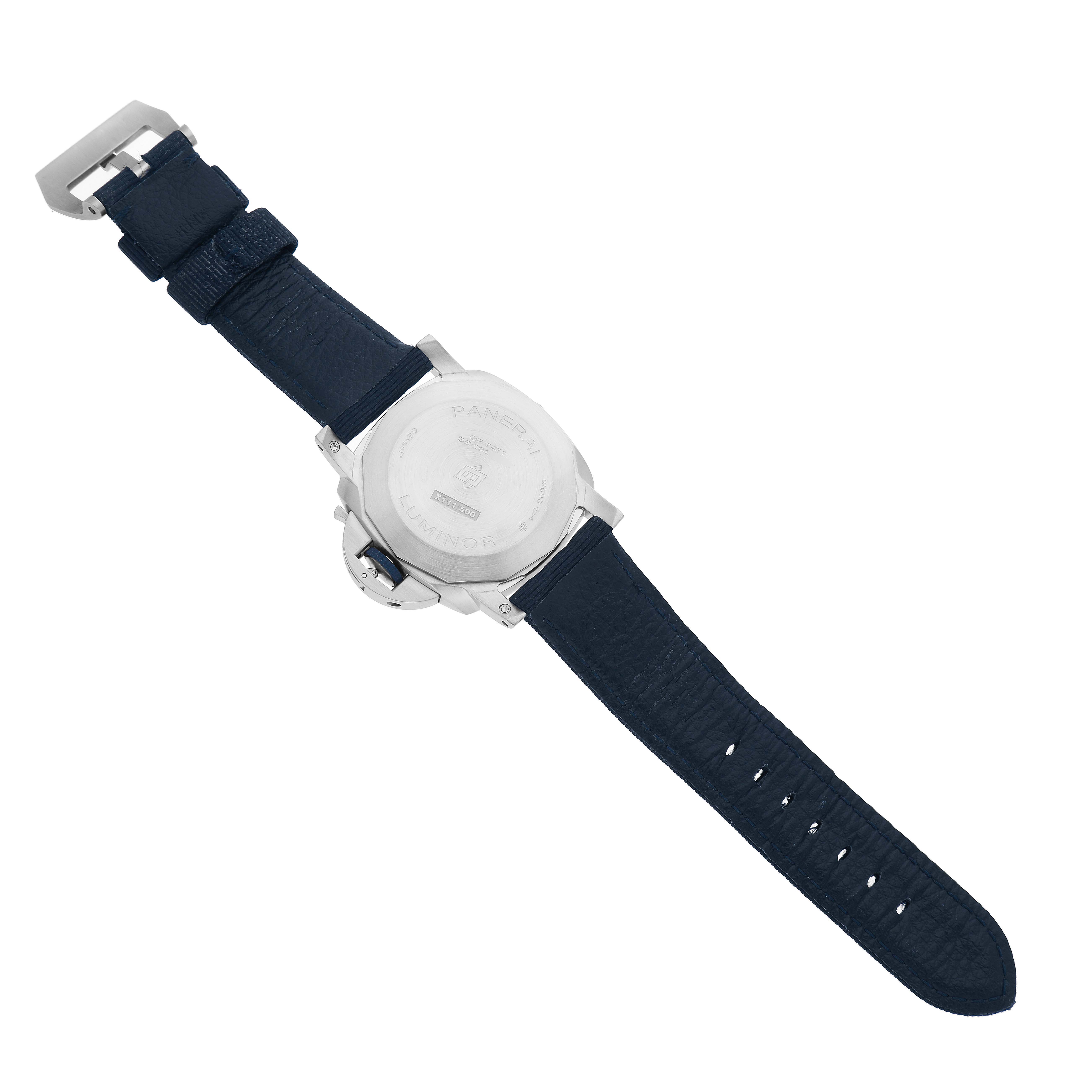 The Panerai Luminor PAM01157 Men's Stainless Steel Blue Dial watch is shown from the back, displaying its case back and navy blue strap.