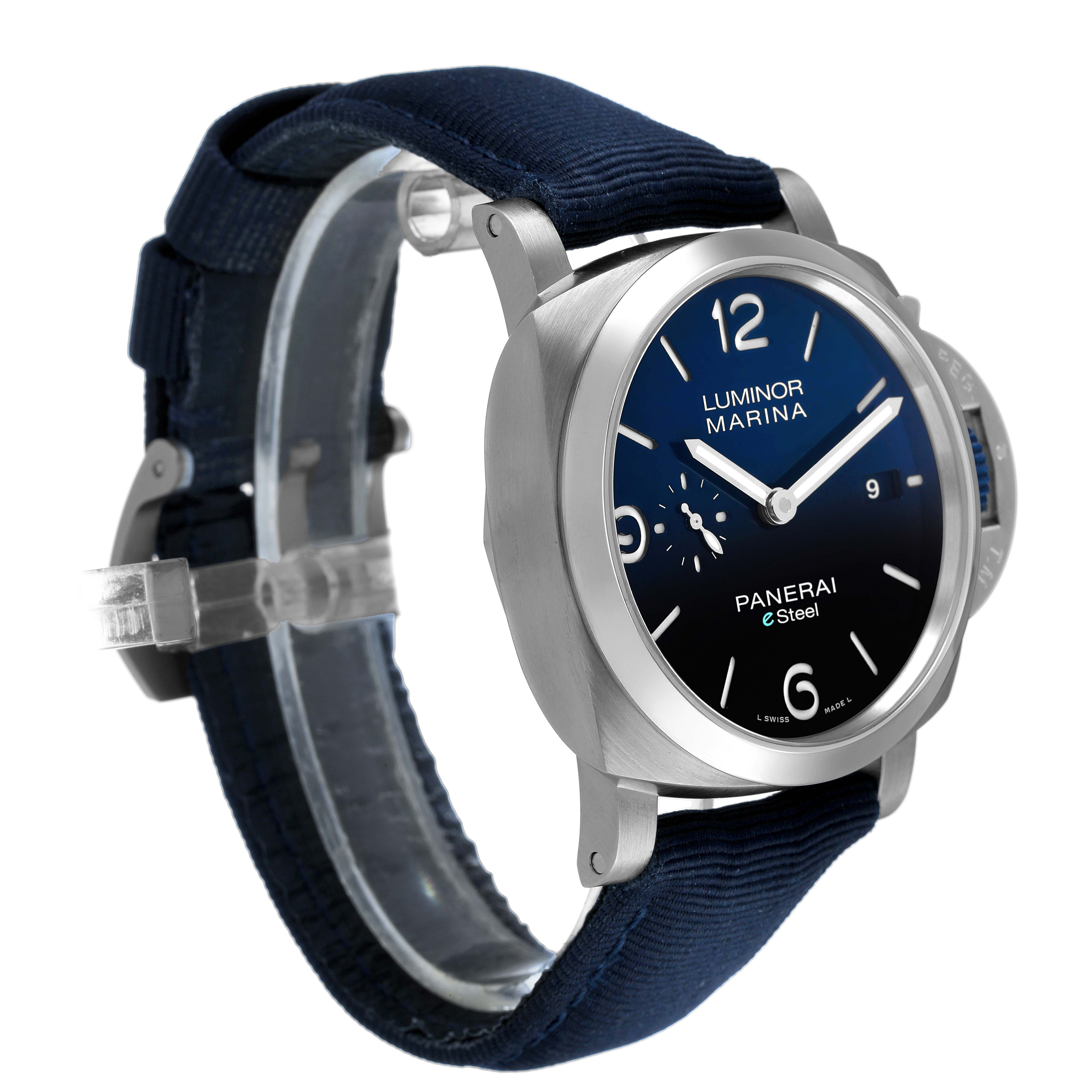 The image shows a Panerai Luminor PAM01157 Men's Stainless Steel Blue Dial watch at an angled side view, highlighting the dial, crown guard, and strap.