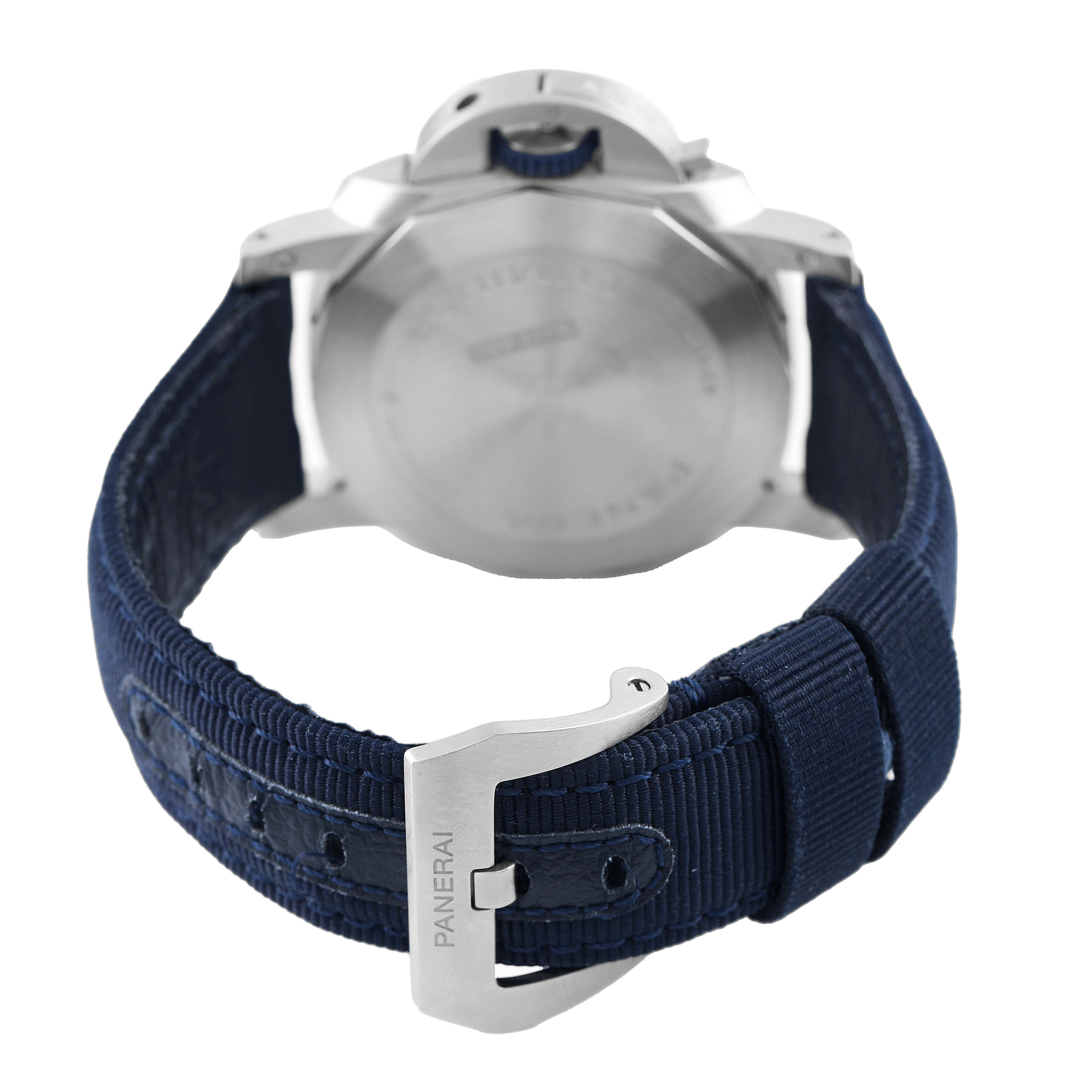 The image shows the back of a Panerai Luminor PAM01157 Men's Stainless Steel Blue Dial watch, highlighting the case back and blue strap with the buckle visible.