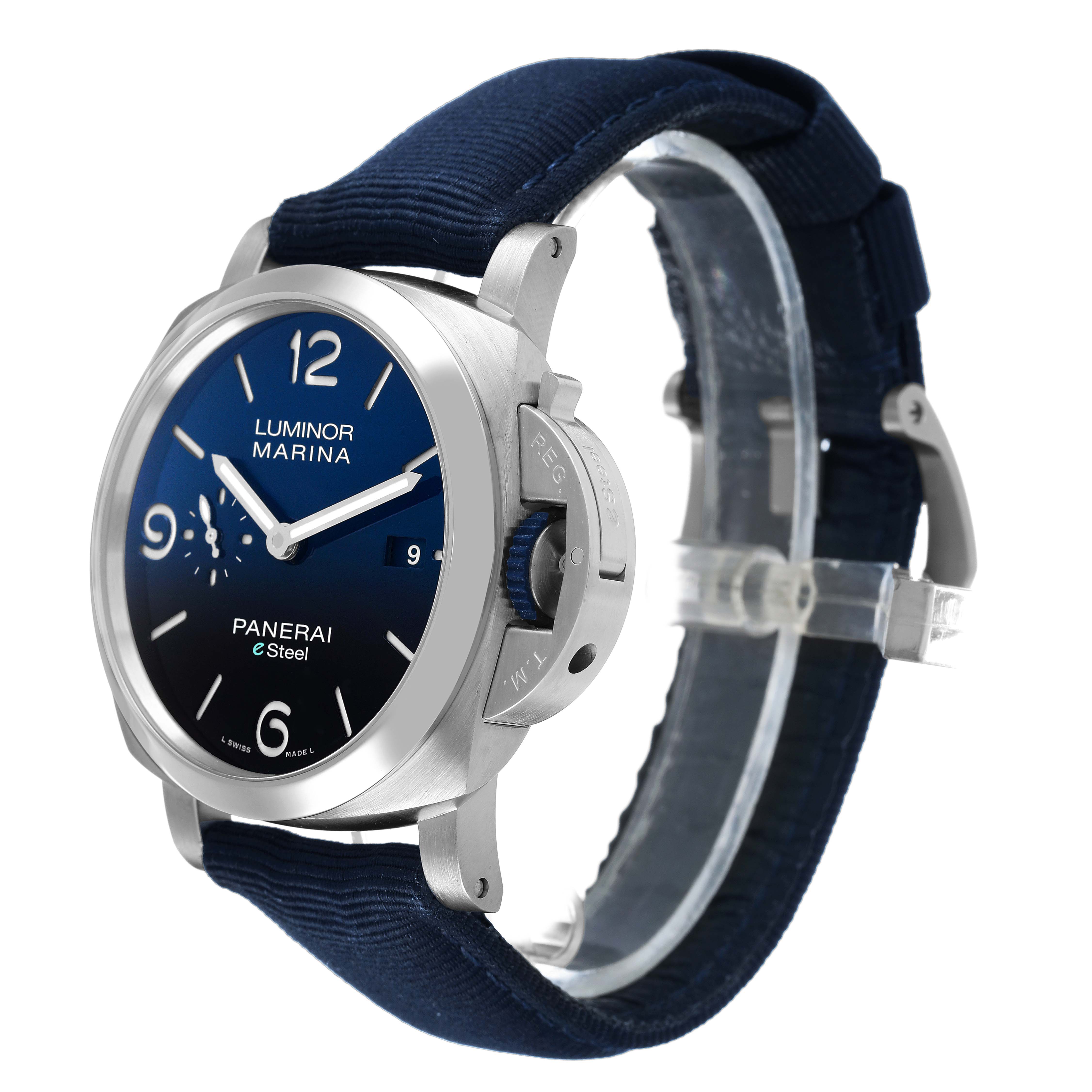 The Panerai Luminor PAM01157 Men's Stainless Steel Blue Dial model is shown at a three-quarter angle, displaying the dial, crown guard, and blue fabric strap.