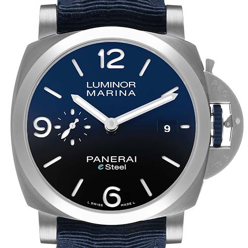 The Panerai Luminor PAM01157 Men's Stainless Steel Blue Dial model is shown from the front, highlighting the dial, hands, numerals, and crown guard.