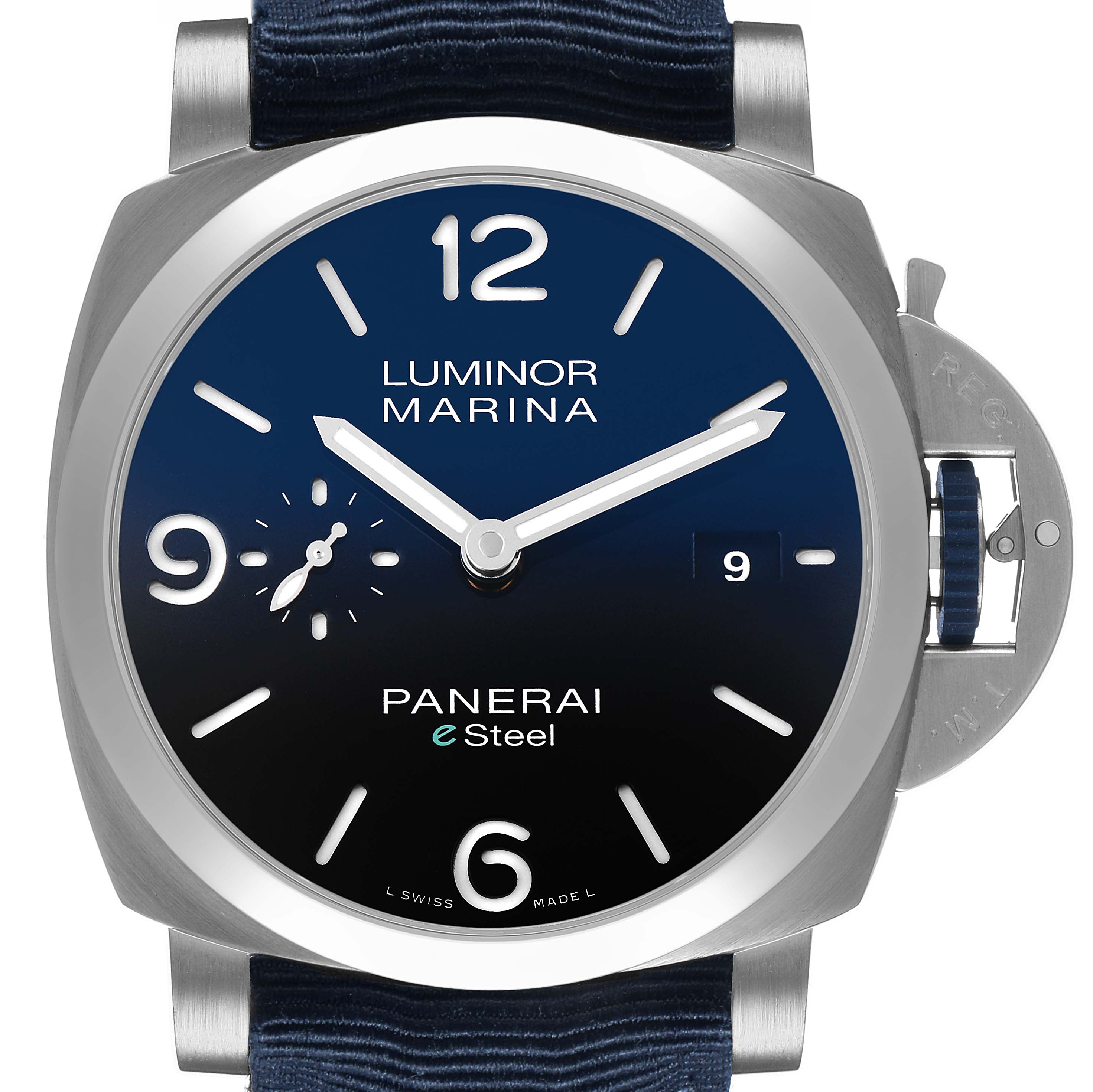 The Panerai Luminor PAM01157 Men's Stainless Steel Blue Dial watch is shown from the front, highlighting its dial, hands, date window, and distinctive crown guard.
