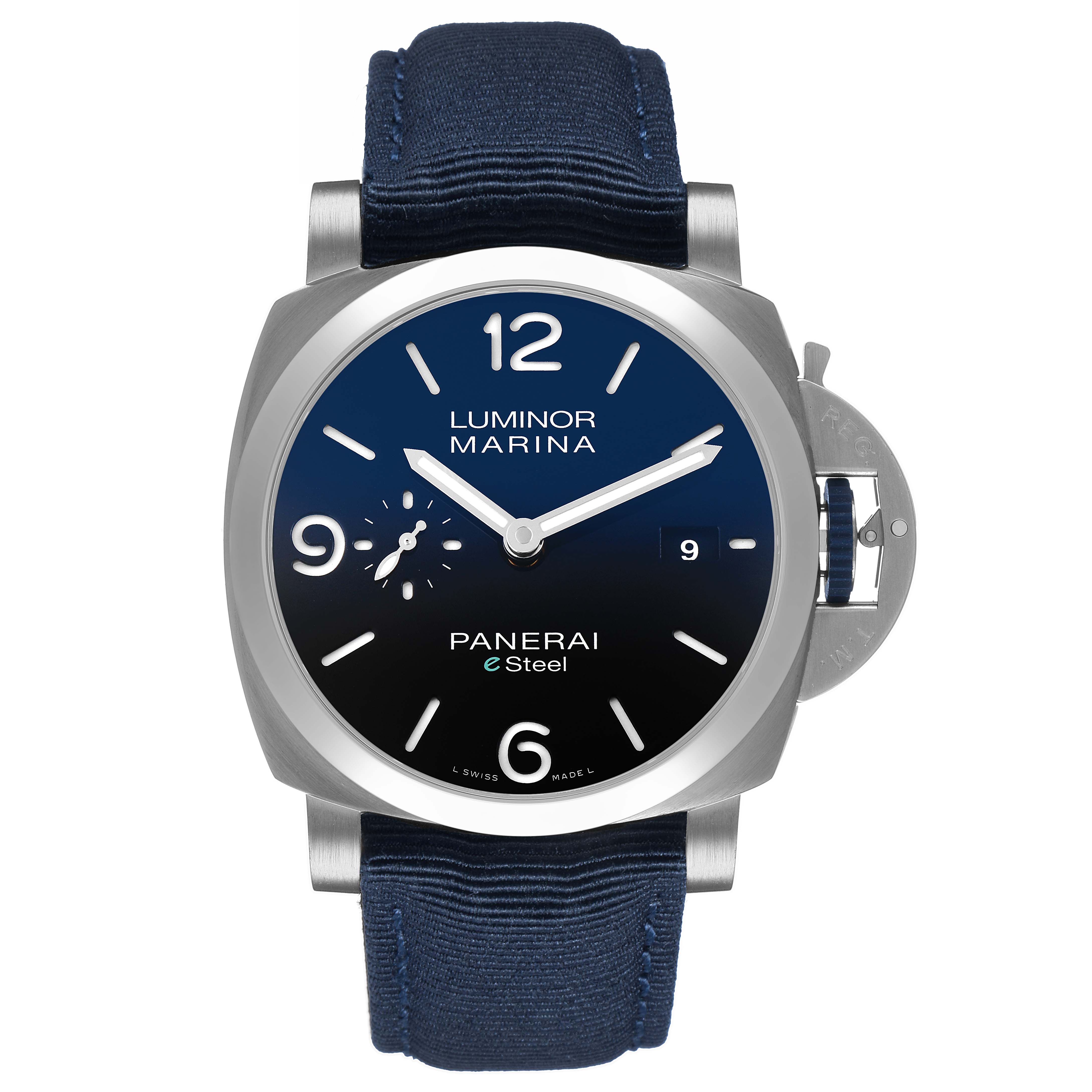 The Panerai Luminor PAM01157 Men's Stainless Steel Blue Dial watch is shown from the front, highlighting the dial, case, crown guard, and blue strap.