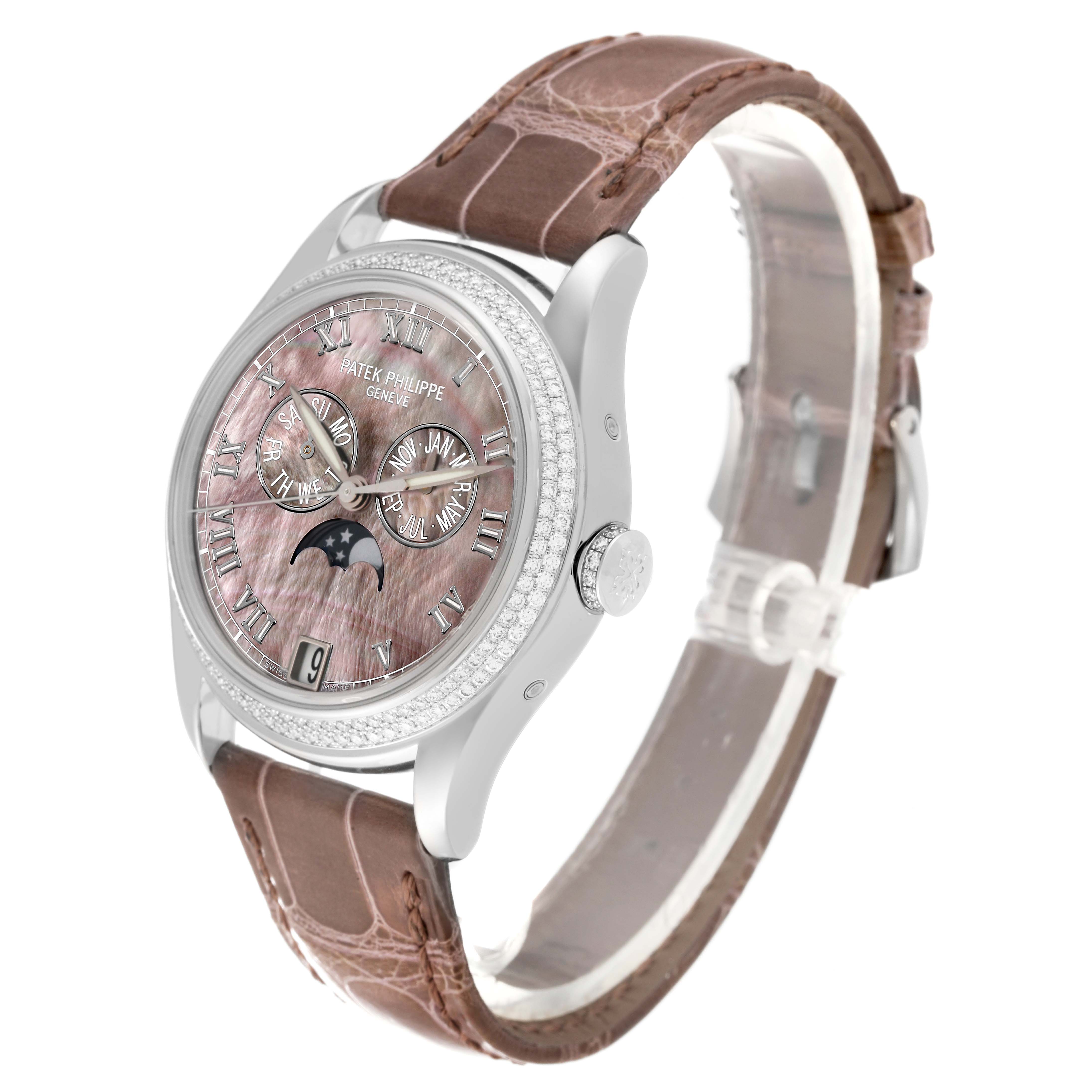 This image shows a side-angle view of a Patek Philippe Complications 4936G - 001 Men's White Gold Mother of Pearl Dial 4936G - 001 Men's White Gold Mother of Pearl Dial model watch, featuring its face, bezel, and band.