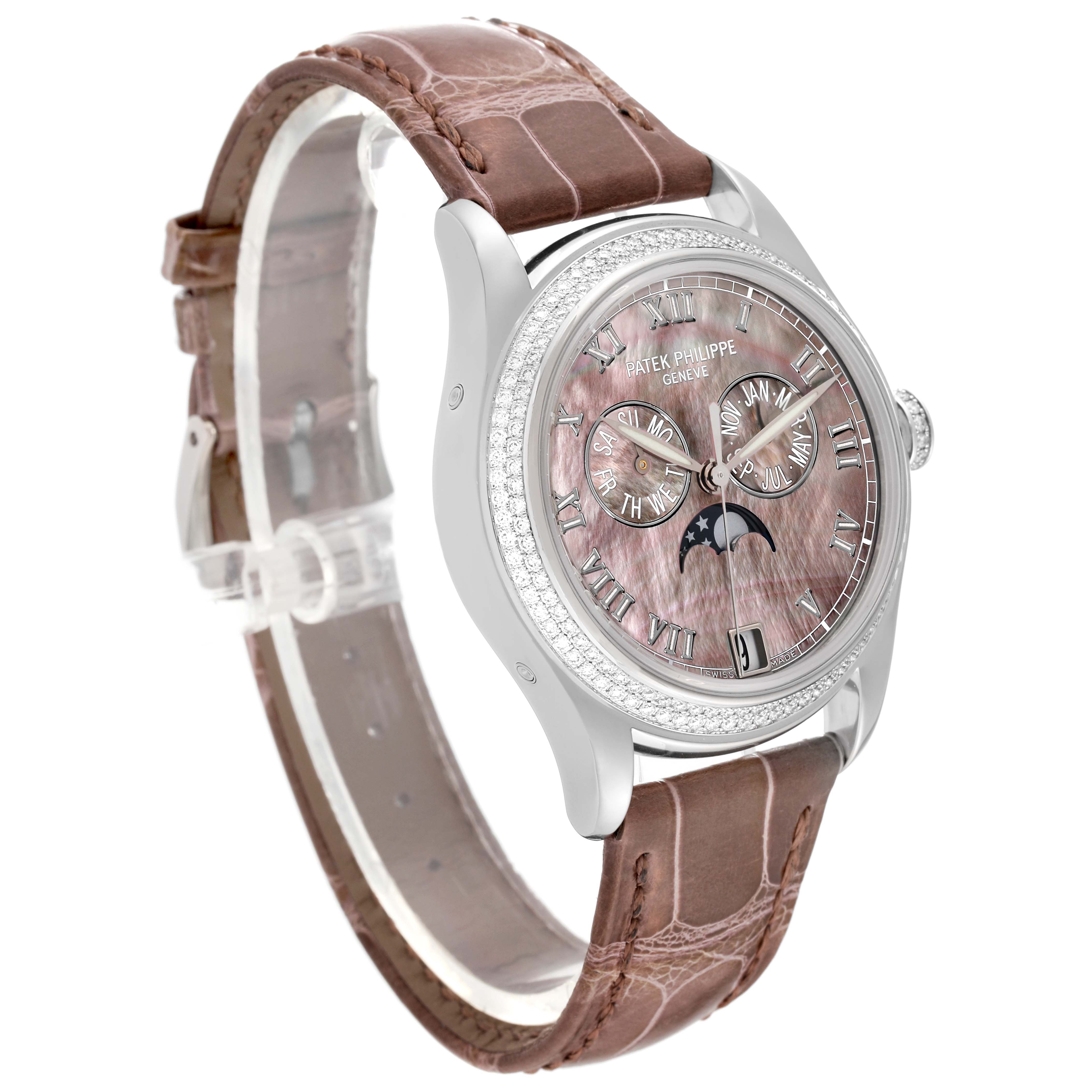 The image shows a side angle view of a Patek Philippe Complications 4936G - 001 Men's White Gold Mother of Pearl Dial 4936G - 001 Men's White Gold Mother of Pearl Dial model watch with a brown leather strap and a detailed face.