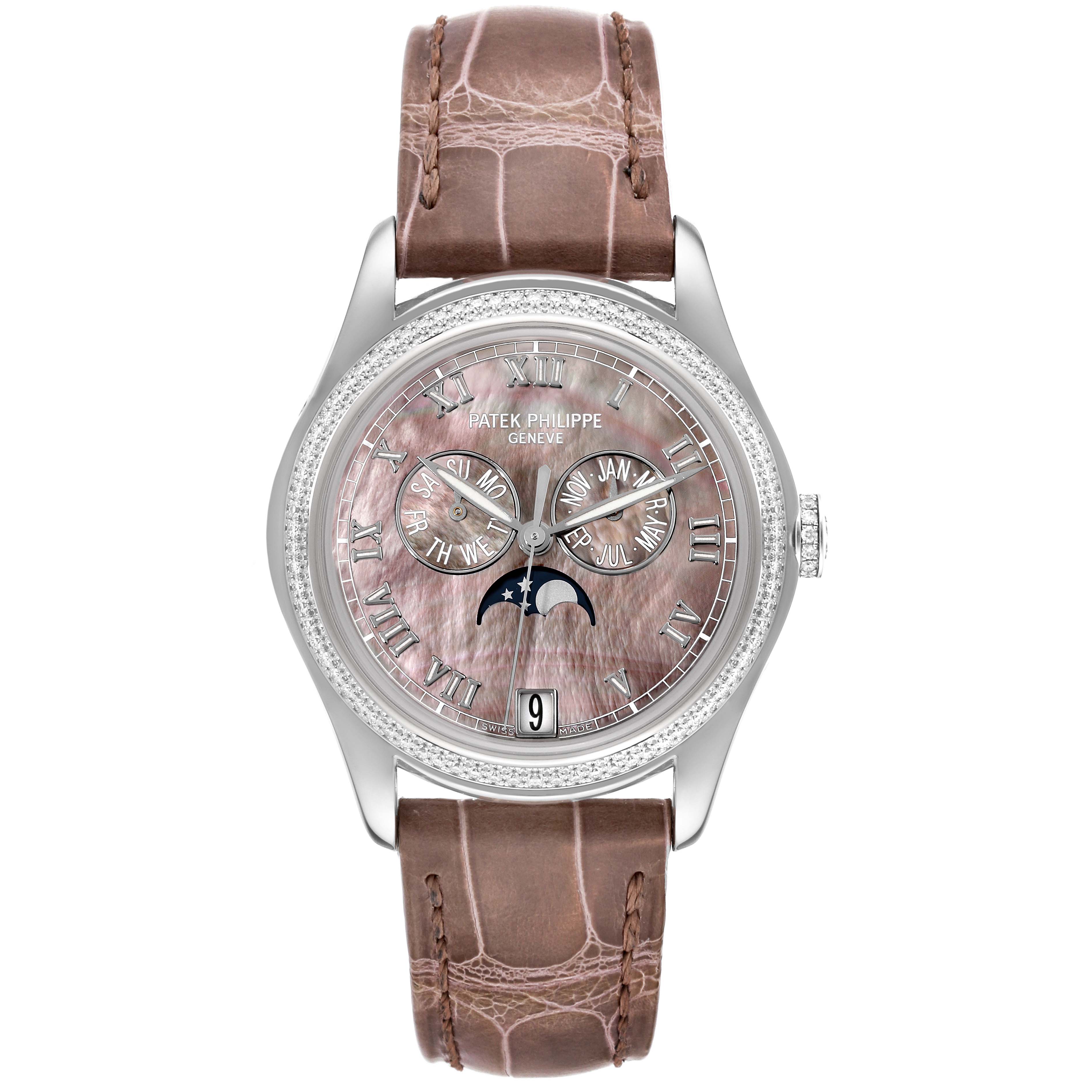 This Patek Philippe Complications 4936G - 001 Men's White Gold Mother of Pearl Dial 4936G - 001 Men's White Gold Mother of Pearl Dial model watch is shown from the front, highlighting its face, dials, and strap.