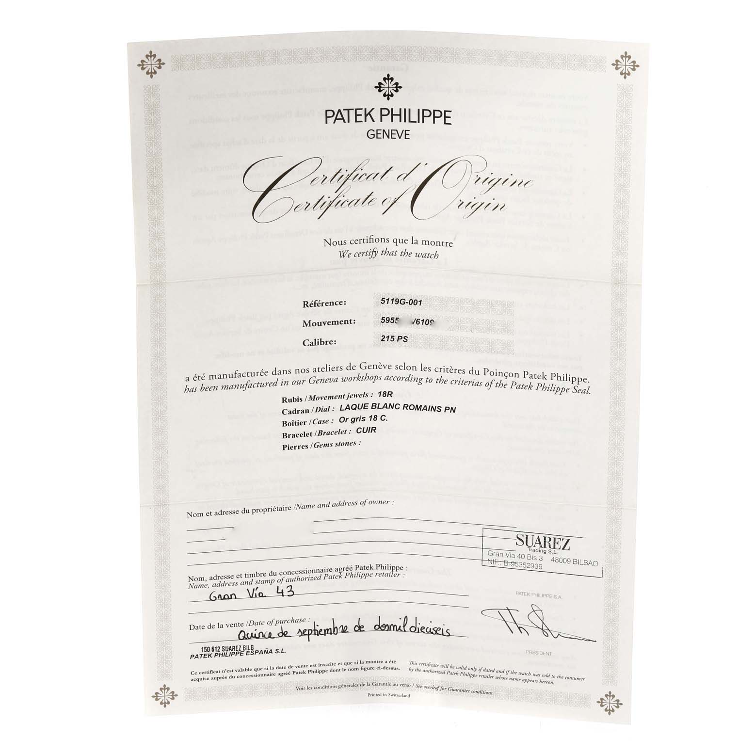 The image shows the Certificate of Origin for a Patek Philippe Calatrava 5119G-001 Men's White Gold White Dial 5119G-001 Men's White Gold White Dial model watch, providing details such as reference, movement, and caliber.