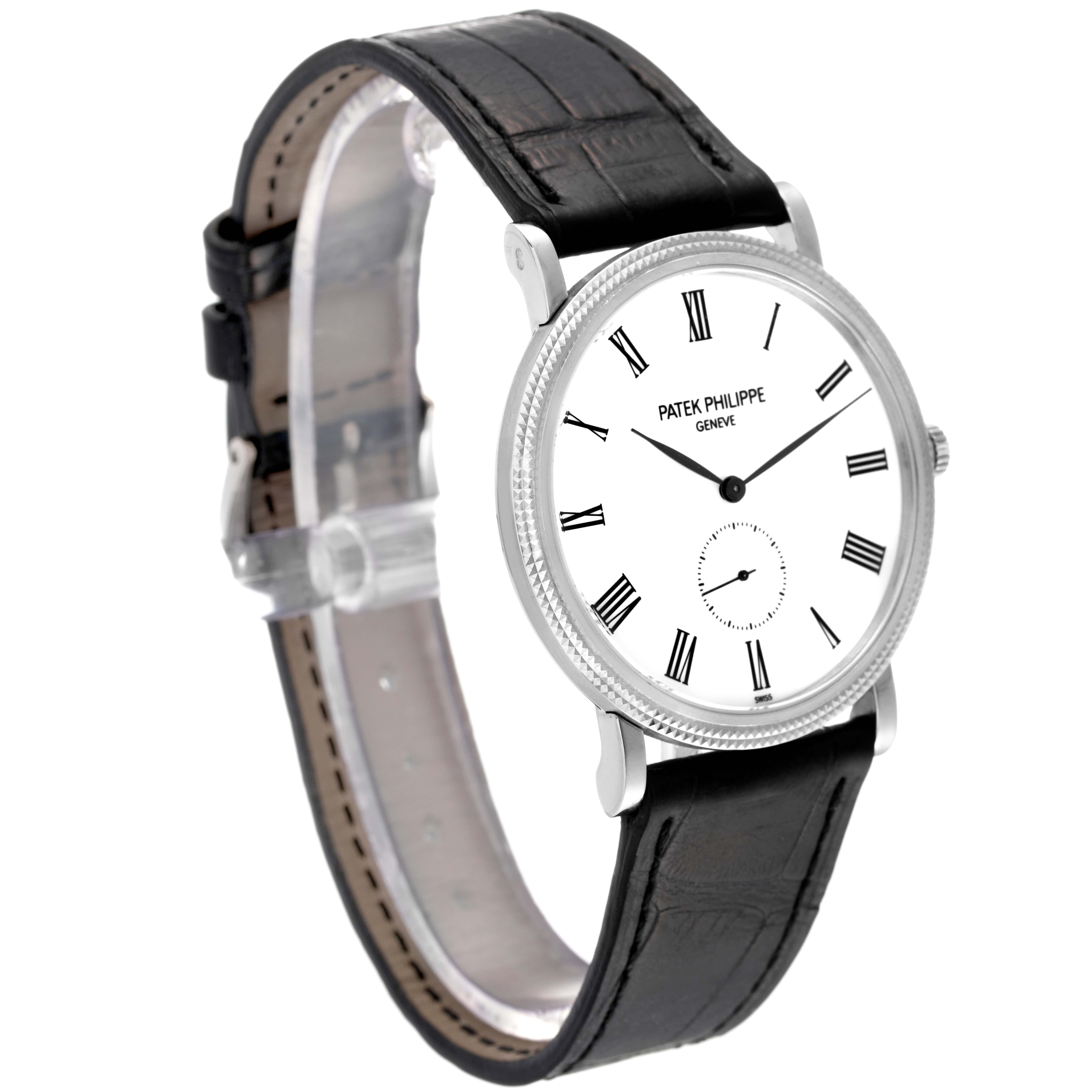 The image shows a side-angled view of the Patek Philippe Calatrava 5119G-001 Men's White Gold White Dial 5119G-001 Men's White Gold White Dial watch, highlighting its black leather strap and white Roman numeral dial.