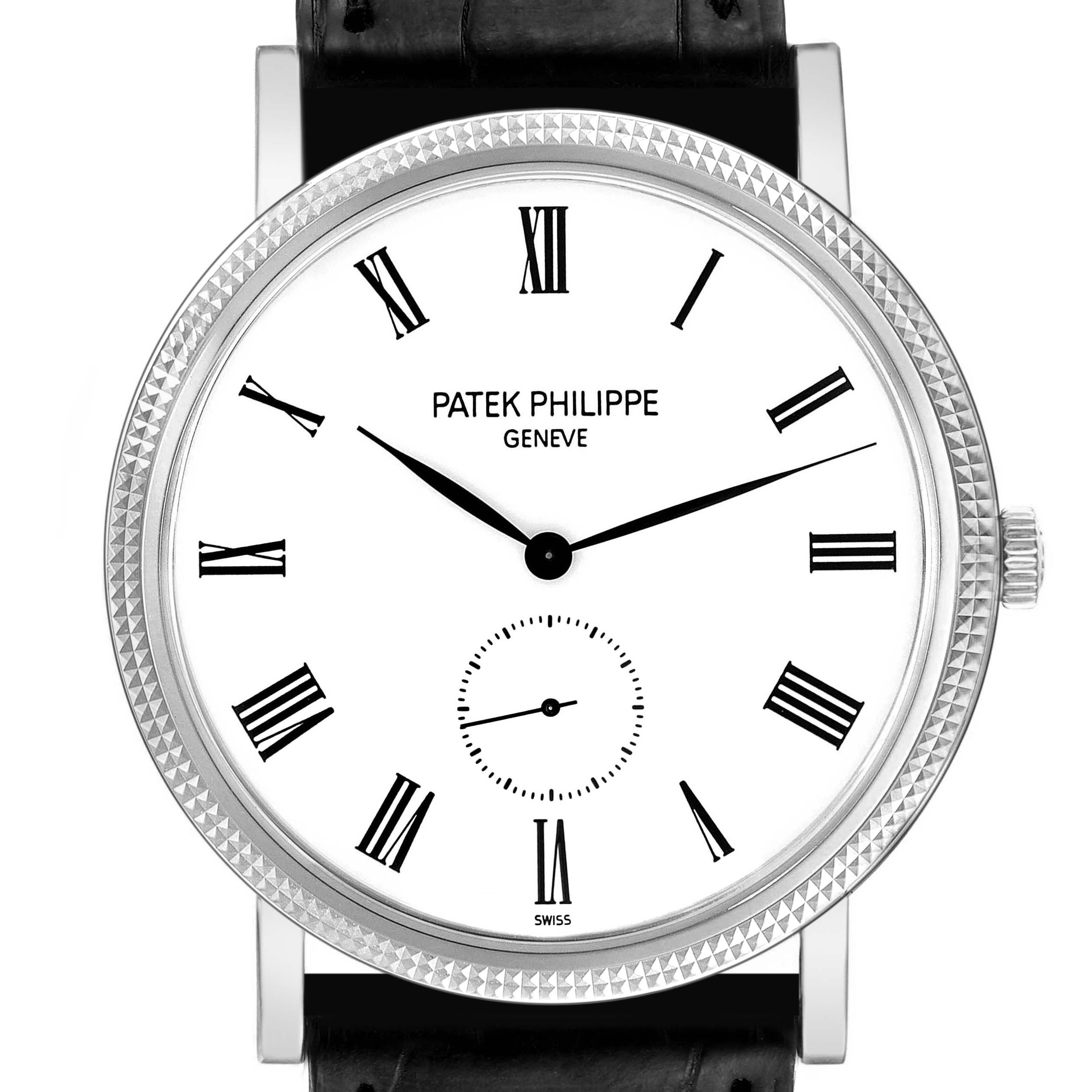 The image shows a front view of the Patek Philippe Calatrava 5119G-001 Men's White Gold White Dial 5119G-001 Men's White Gold White Dial watch, highlighting its Roman numeral dial and bezel.
