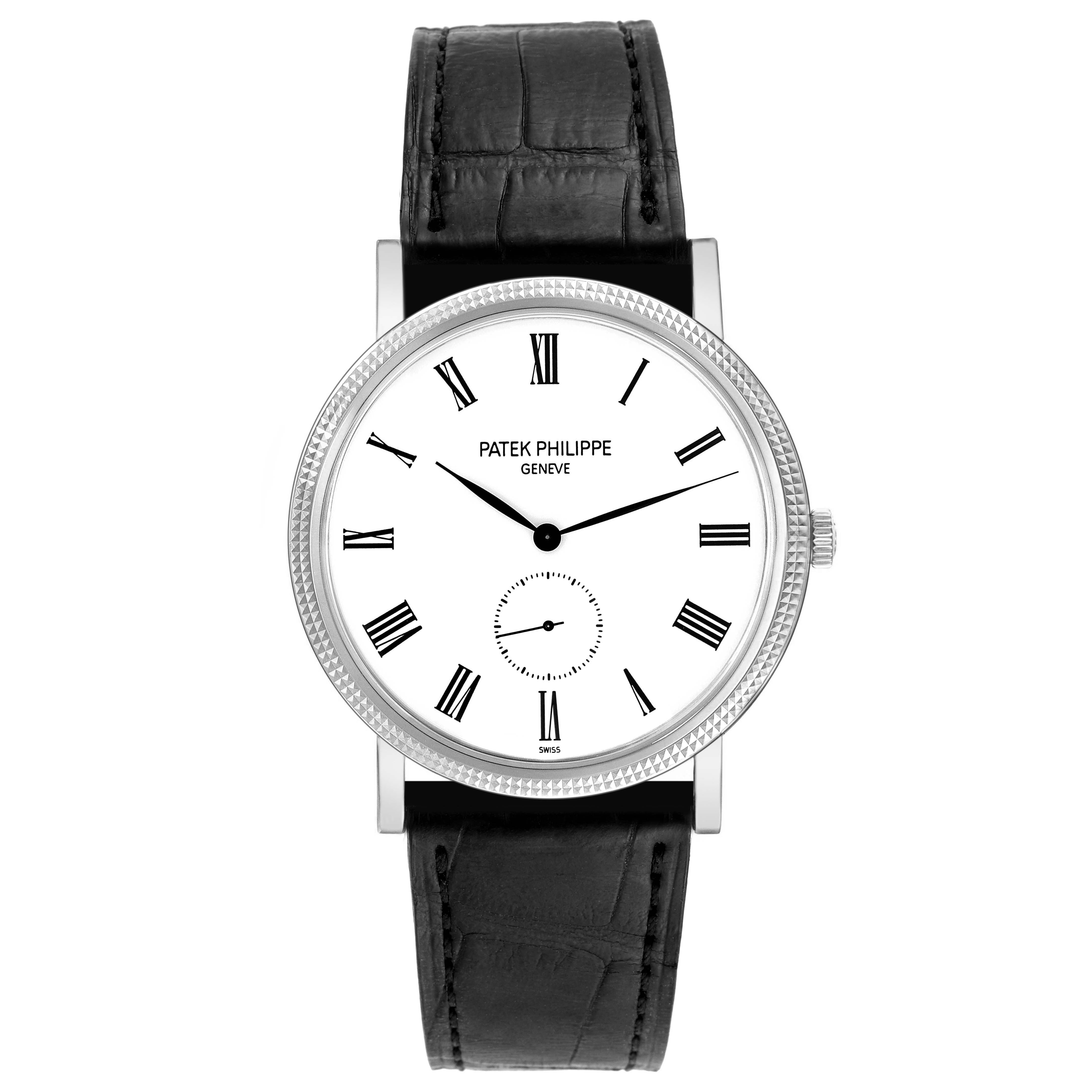The image shows a frontal view of the Patek Philippe Calatrava 5119G-001 Men's White Gold White Dial 5119G-001 Men's White Gold White Dial watch, highlighting its face, bezel, and black leather strap.
