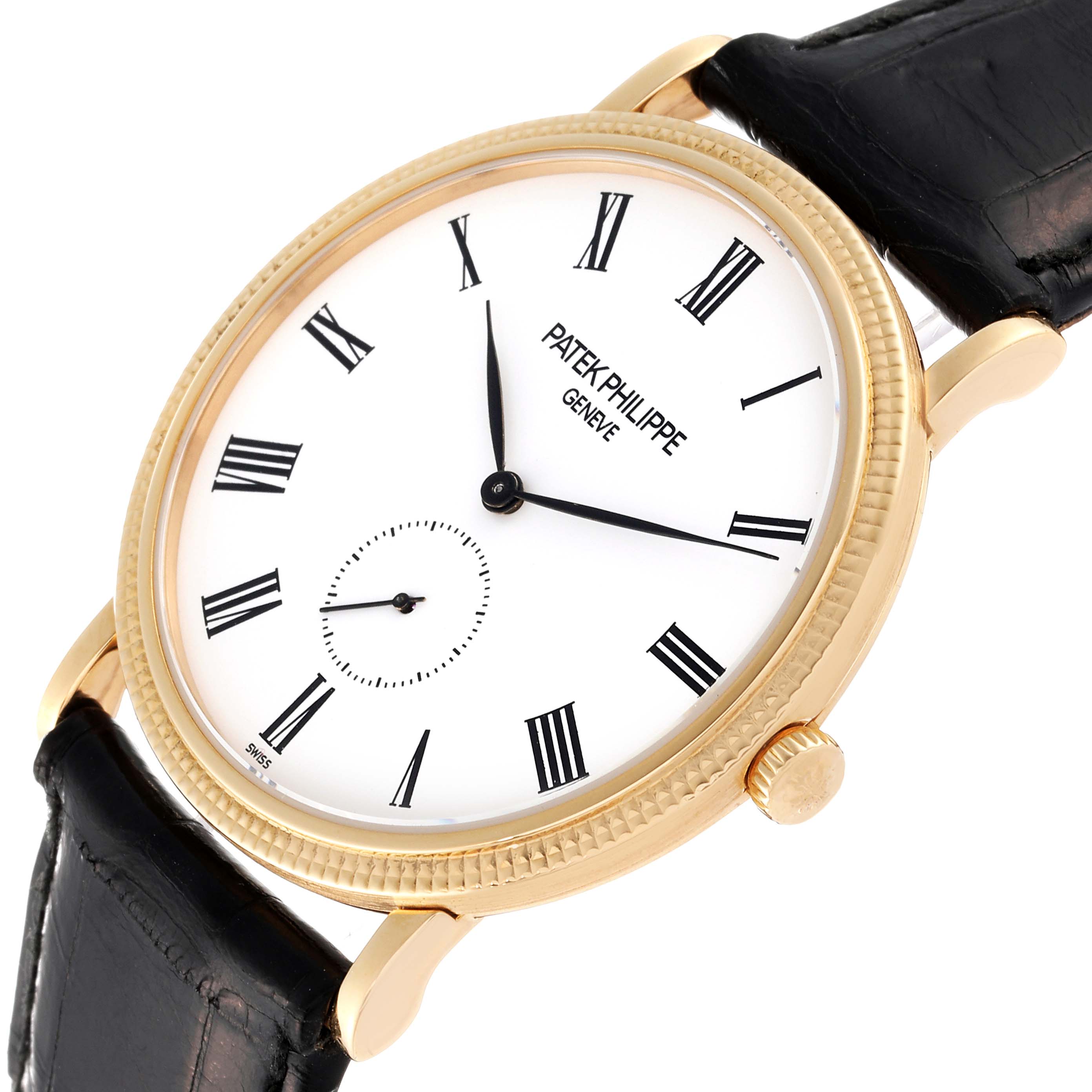 The image shows a Patek Philippe Calatrava 5119J Men's Yellow Gold White Dial 5119J Men's Yellow Gold White Dial watch at an oblique angle, highlighting the dial, bezel, crown, and leather strap.