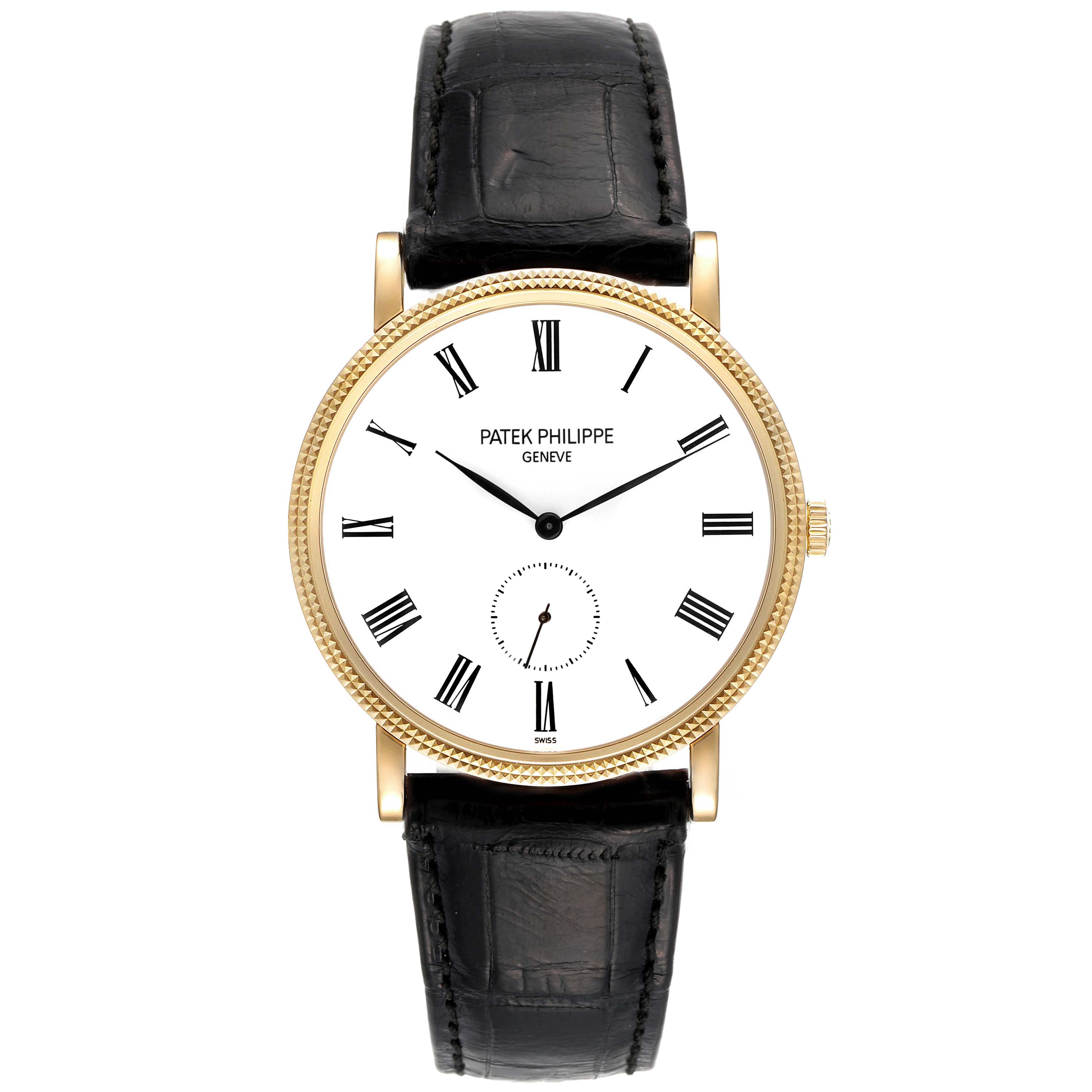 This image shows a front view of the Patek Philippe Calatrava 5119J Men's Yellow Gold White Dial 5119J Men's Yellow Gold White Dial watch, highlighting its face, bezel, and leather strap.