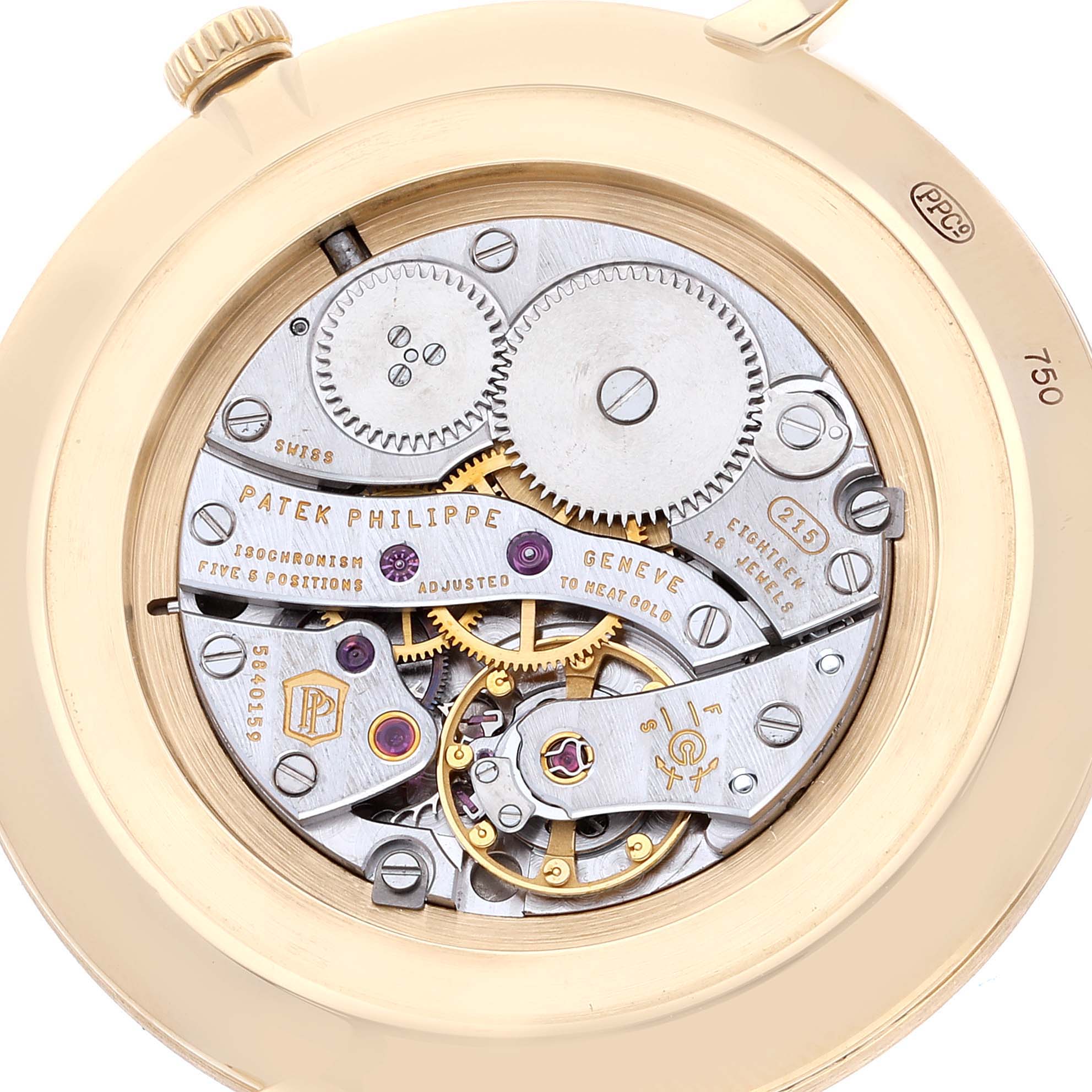 This image shows the back-case and intricate inner workings of the Patek Philippe Calatrava 5119J Men's Yellow Gold White Dial 5119J Men's Yellow Gold White Dial watch.