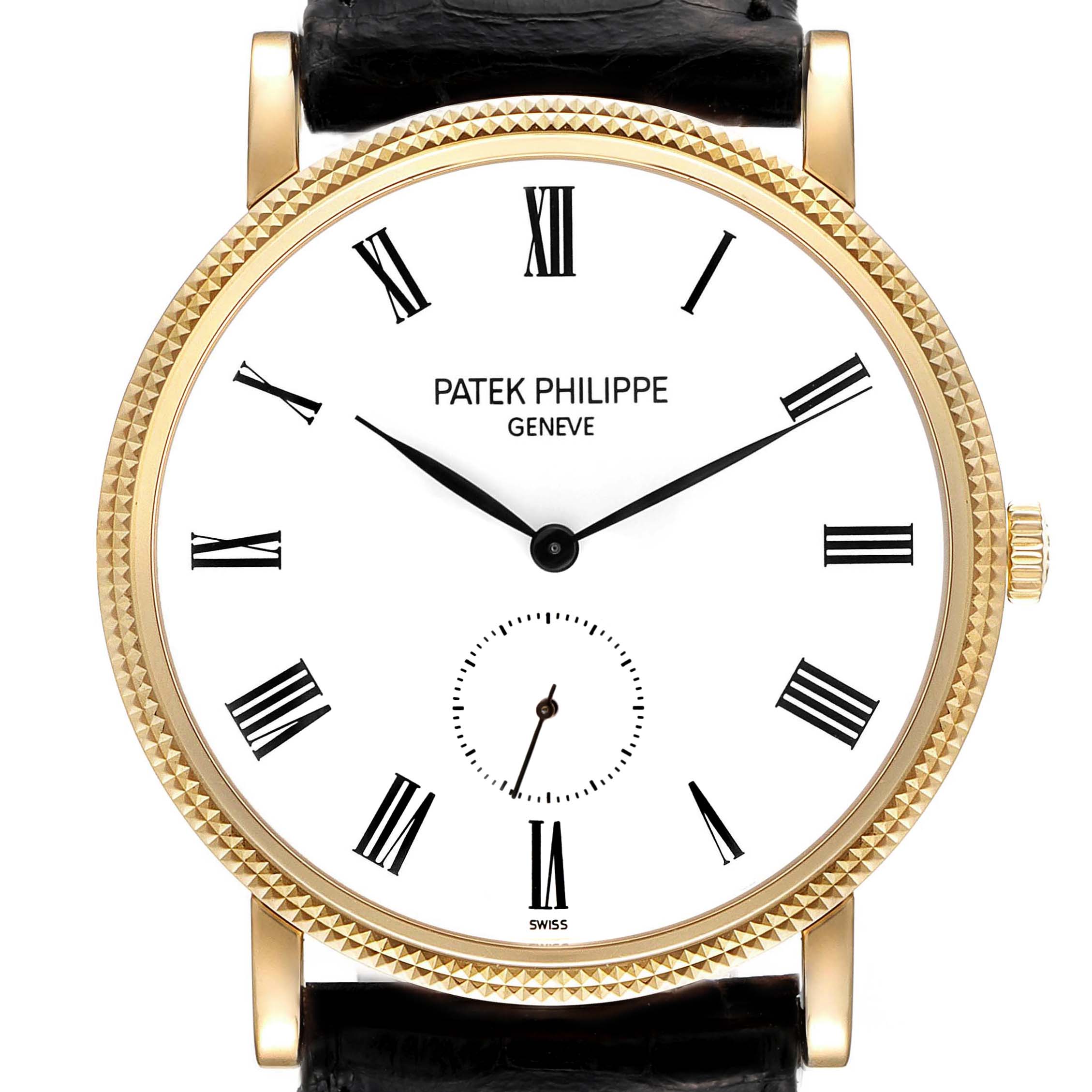 Front view of the Calatrava model by Patek Philippe, showing the dial with Roman numerals and minute and hour hands.