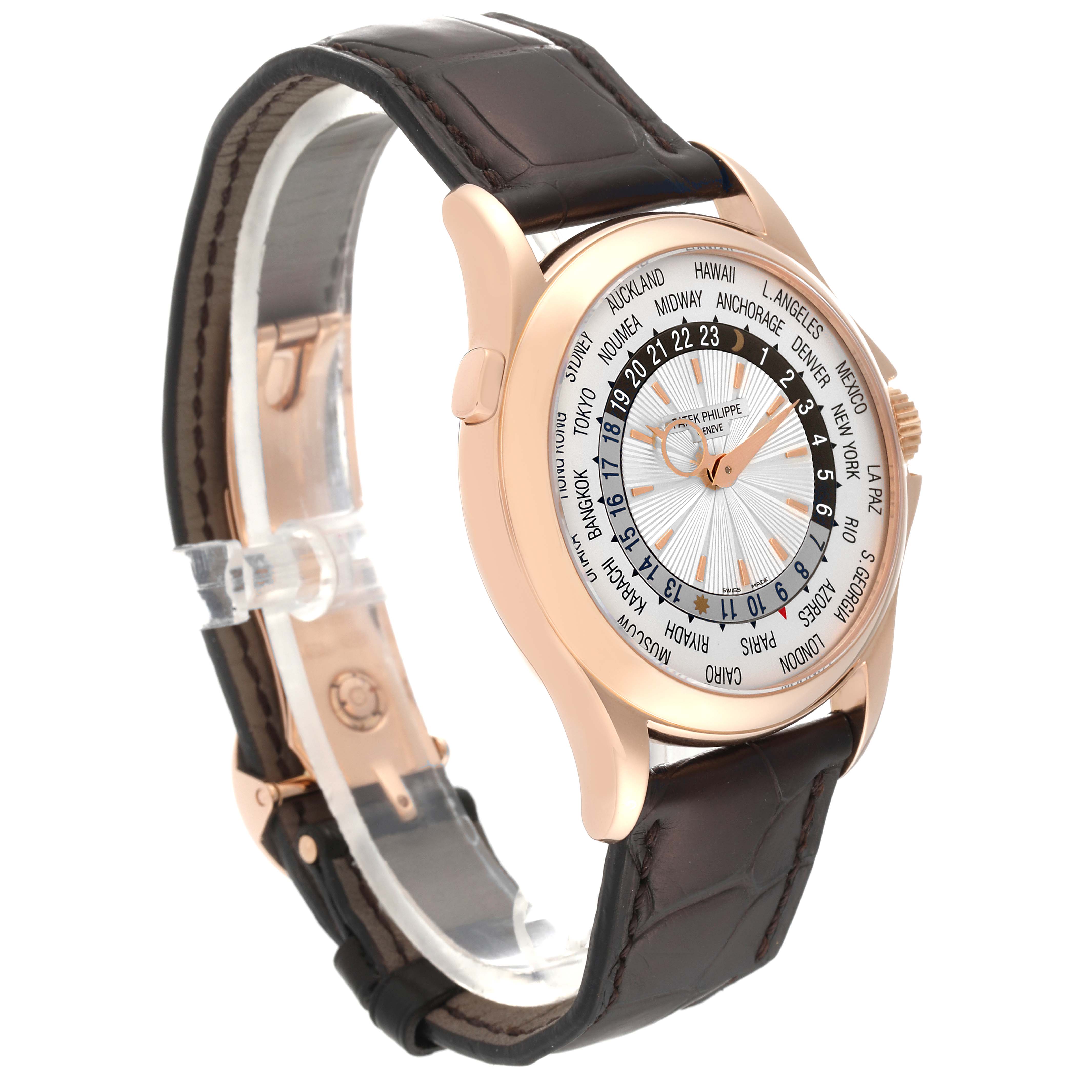 The Patek Philippe Complications 5130R-001 Men's Rose Gold Silver Dial 5130R-001 Men's Rose Gold Silver Dial model is shown at a slight side angle, highlighting its dial, case, crown, and leather strap.