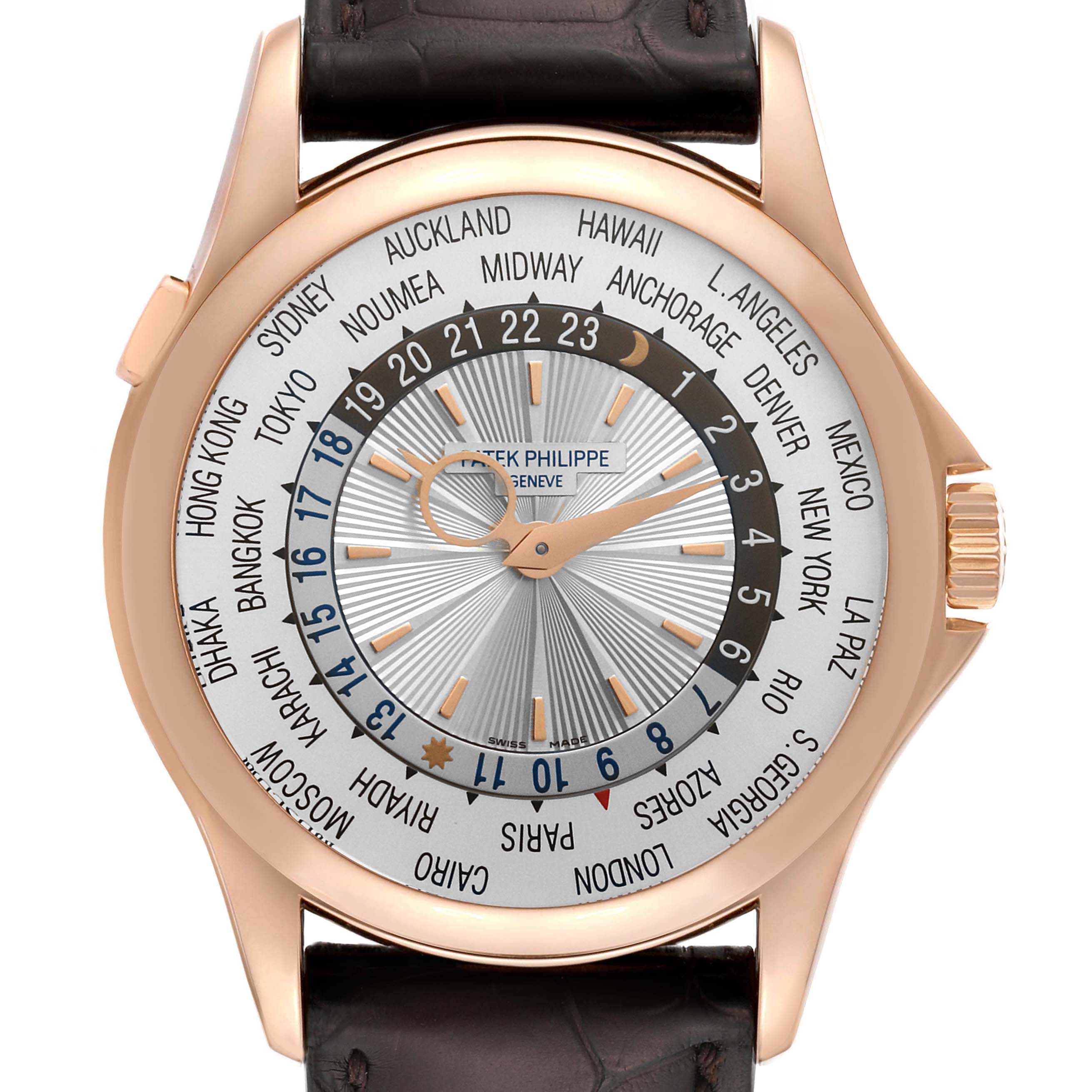 The image shows a frontal view of the dial and case of a Patek Philippe Complications 5130R-001 Men's Rose Gold Silver Dial 5130R-001 Men's Rose Gold Silver Dial model watch.