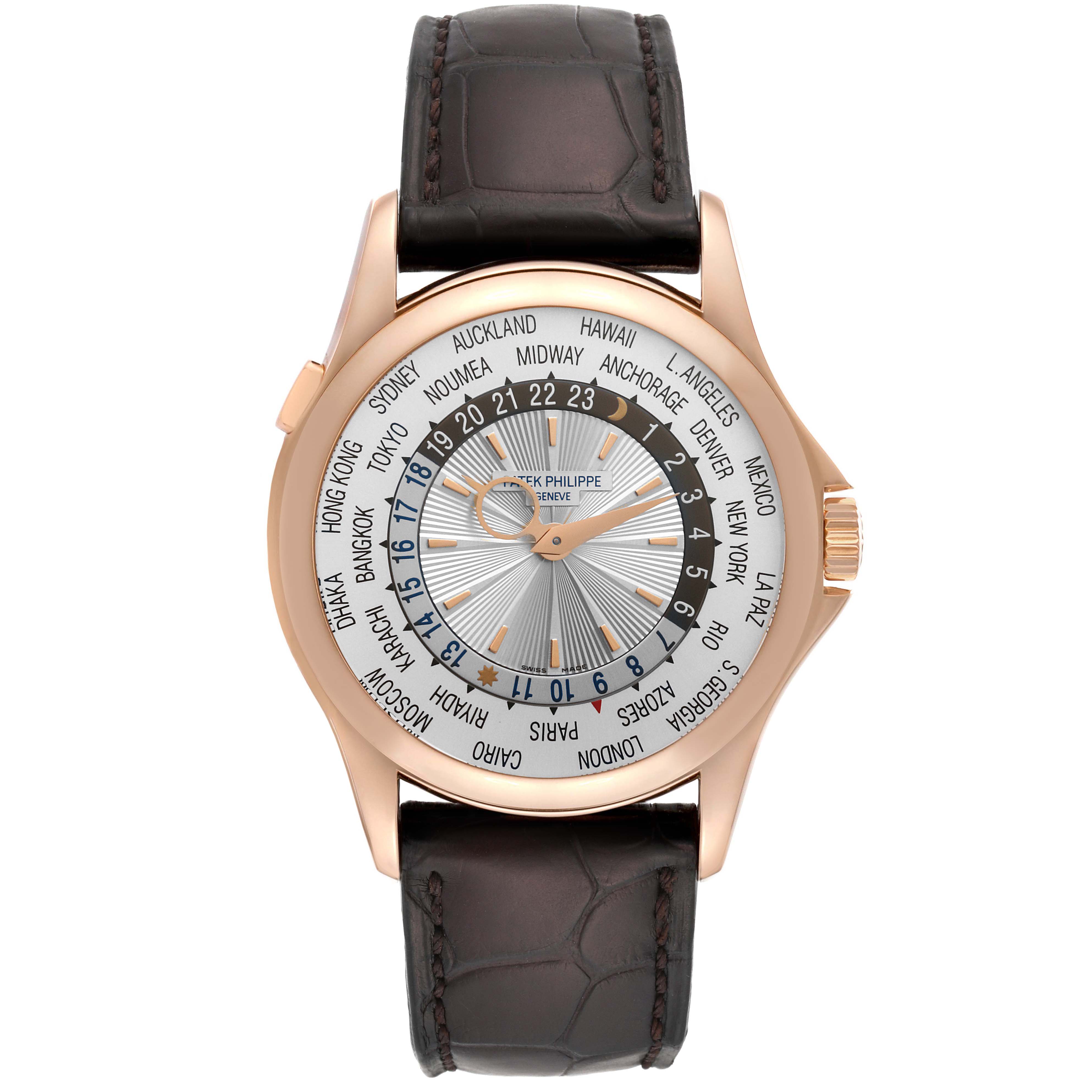 This is a front view of the Patek Philippe Complications 5130R-001 Men's Rose Gold Silver Dial 5130R-001 Men's Rose Gold Silver Dial model, featuring a world time dial and a leather strap.