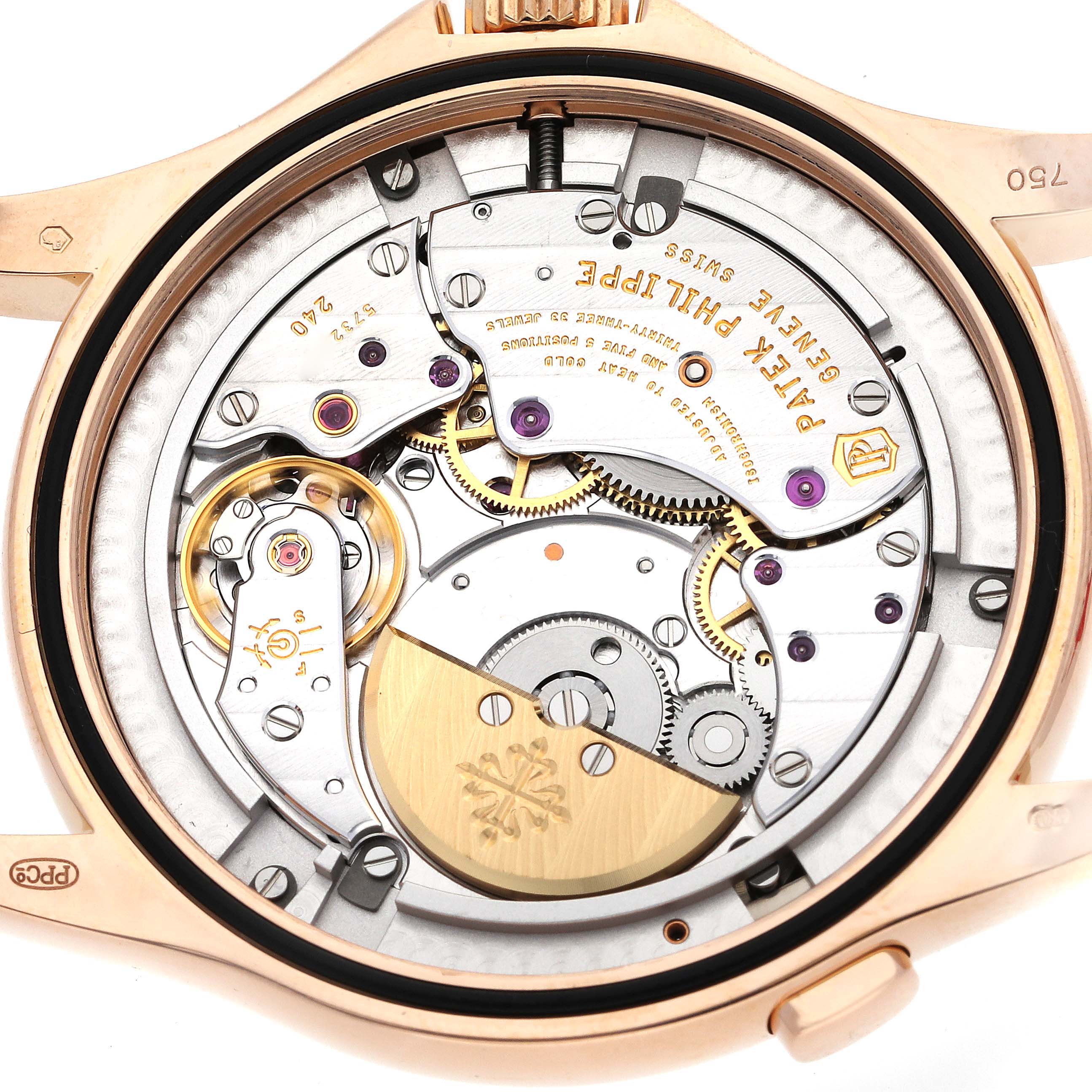 This image shows the movement mechanism of a Patek Philippe Complications 5130R-001 Men's Rose Gold Silver Dial 5130R-001 Men's Rose Gold Silver Dial watch, viewed from the back.