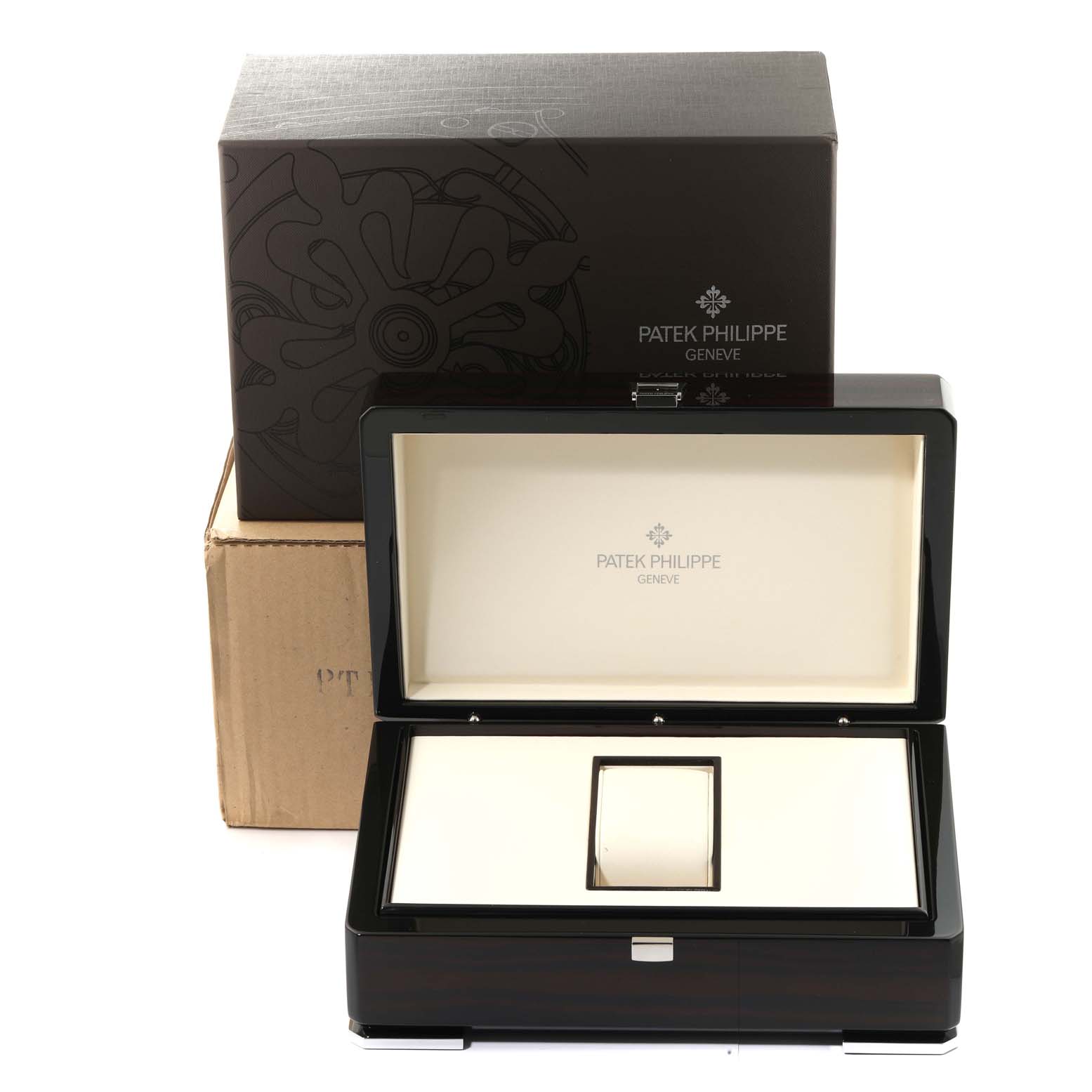 The image shows the packaging for a Patek Philippe Complications 5130R-001 Men's Rose Gold Silver Dial 5130R-001 Men's Rose Gold Silver Dial watch, including the inner display box and outer shipping box from a front perspective.