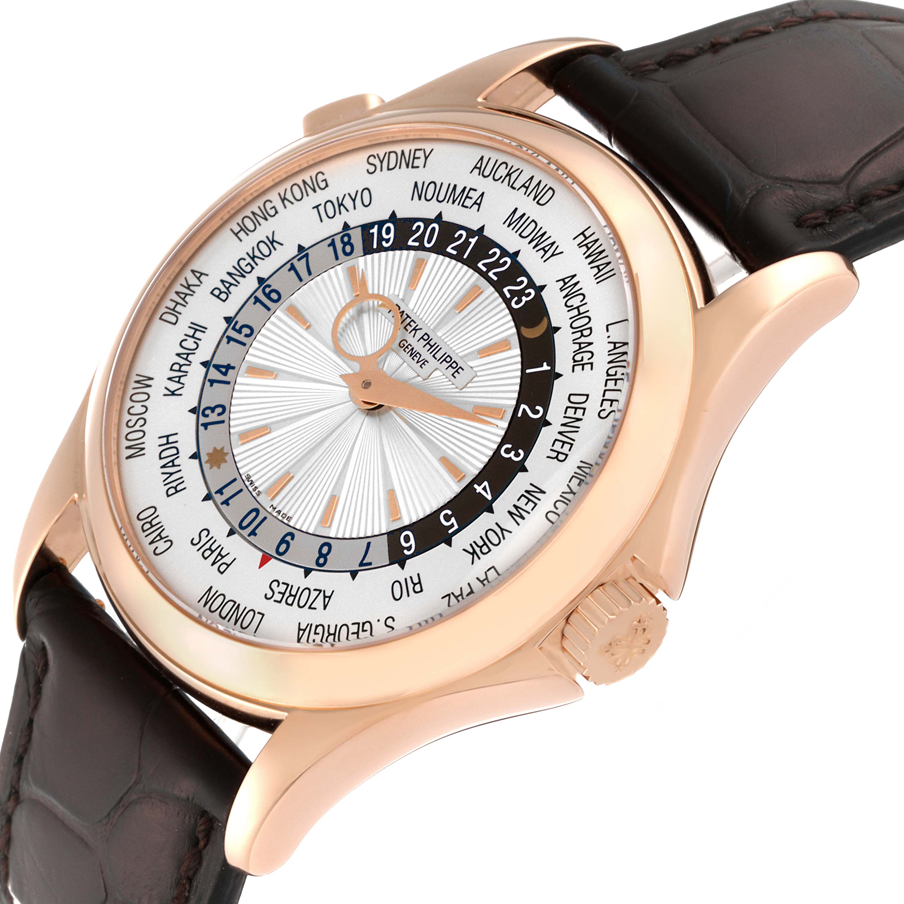 The image shows a Patek Philippe Complications 5130R-001 Men's Rose Gold Silver Dial 5130R-001 Men's Rose Gold Silver Dial watch at an oblique angle, highlighting the face, bezel, lugs, and crown.