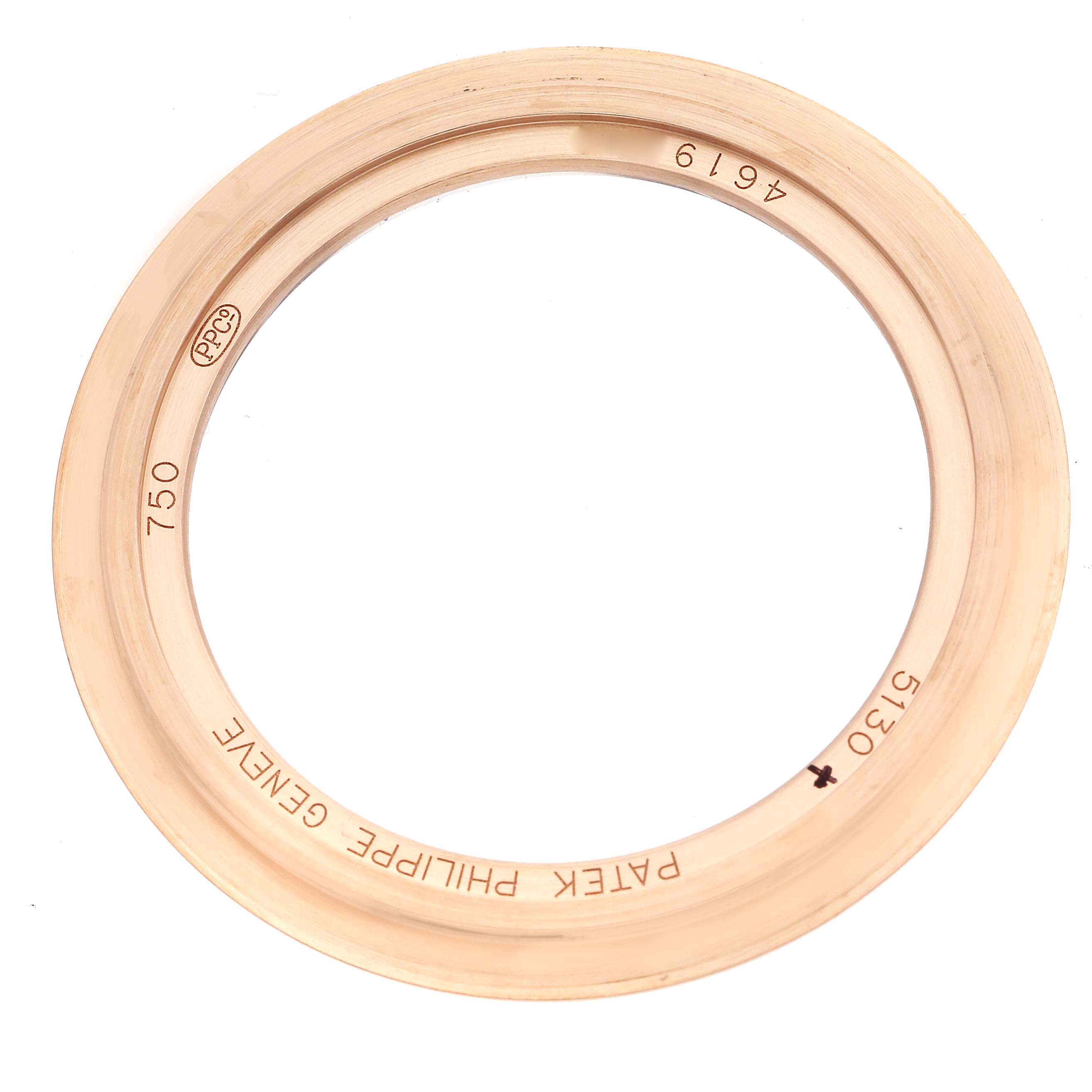 The image shows a top-down view of a rose gold bezel for the Patek Philippe Complications 5130R-001 Men's Rose Gold Silver Dial 5130R-001 Men's Rose Gold Silver Dial model watch.