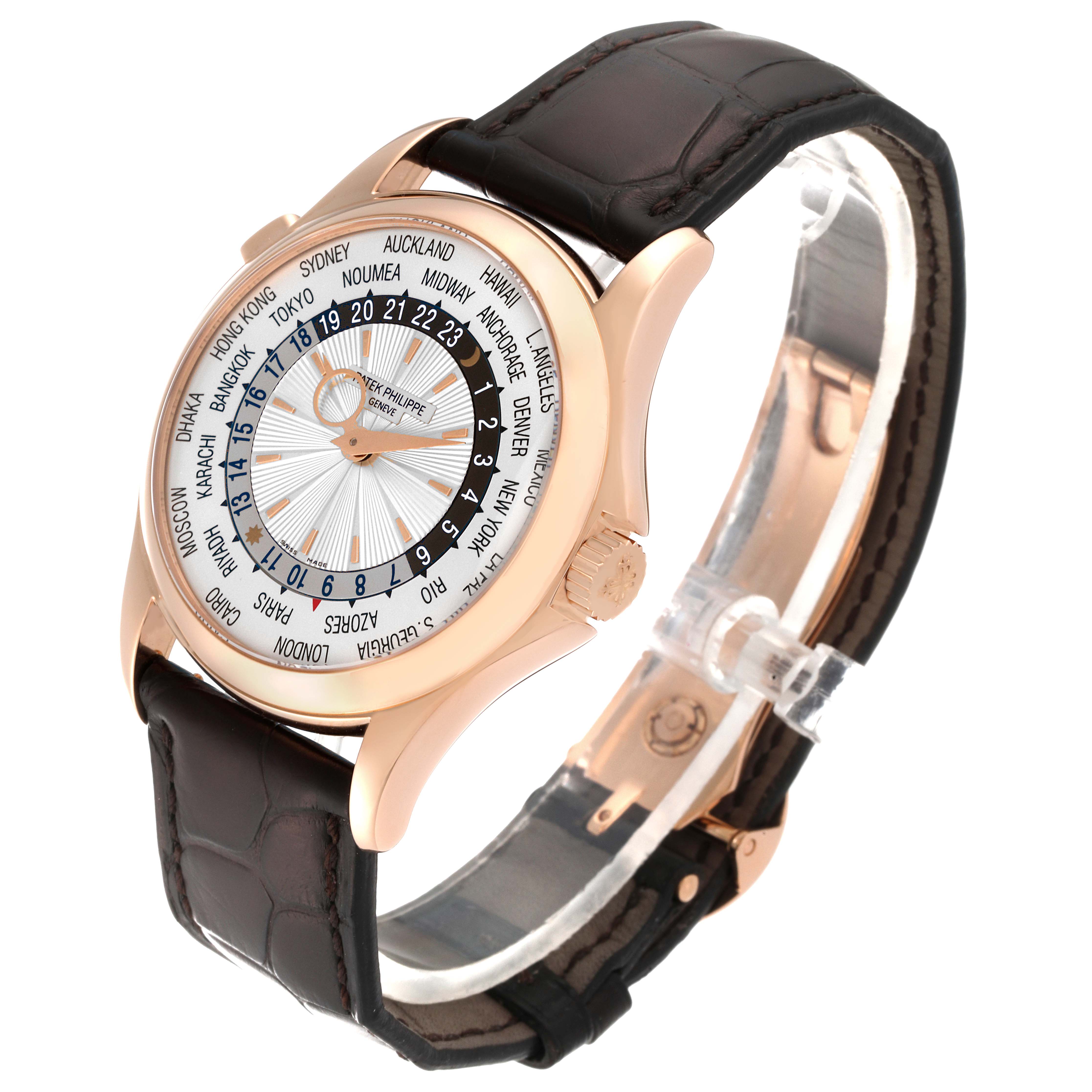 This image shows a side-angled view of the Patek Philippe Complications 5130R-001 Men's Rose Gold Silver Dial 5130R-001 Men's Rose Gold Silver Dial watch, highlighting its face, bezel, crown, and leather strap.