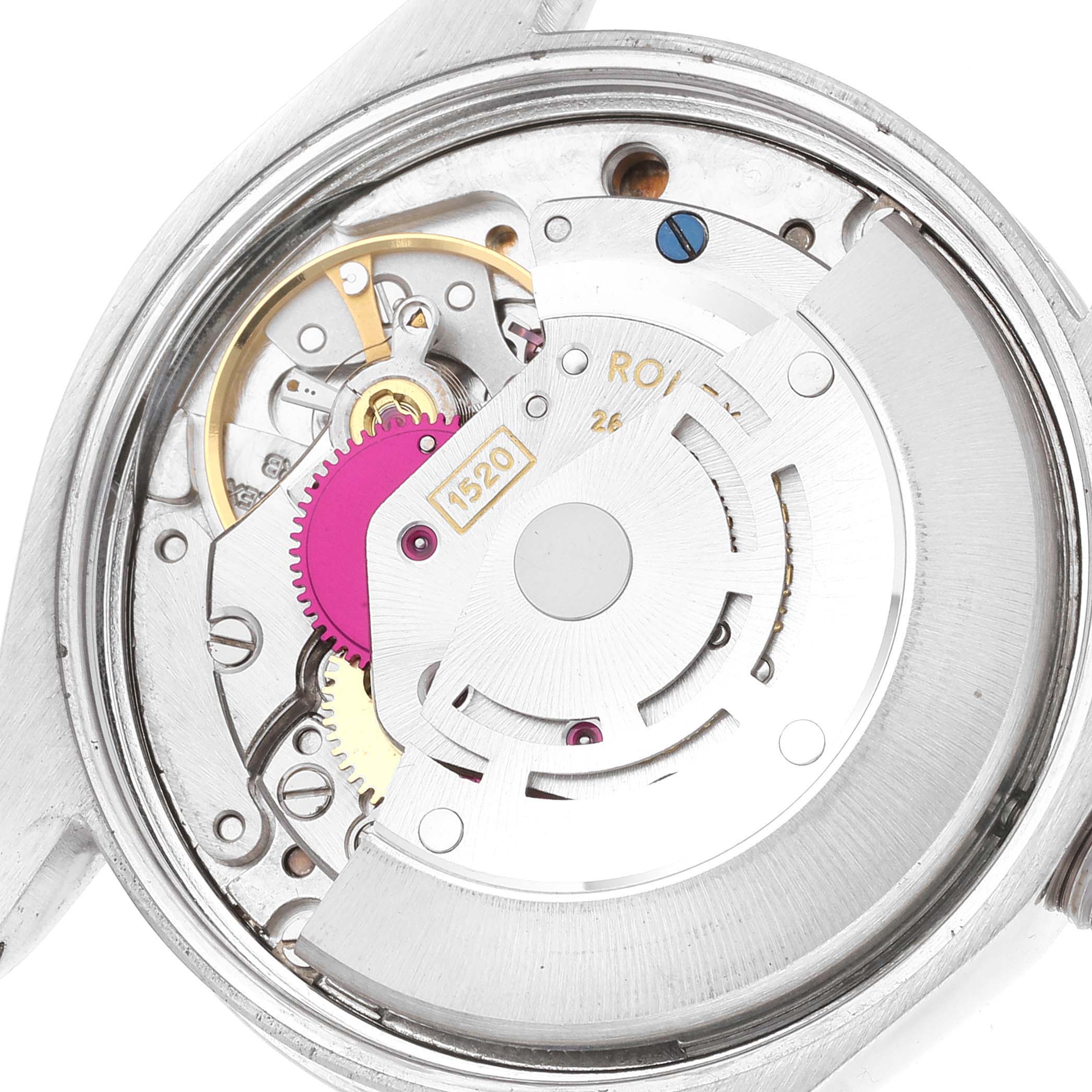 The image shows the internal mechanism of a Rolex Air-King 5500 Men's Stainless Steel Silver Dial 5500 Men's Stainless Steel Silver Dial watch, highlighting the movement and various gears.