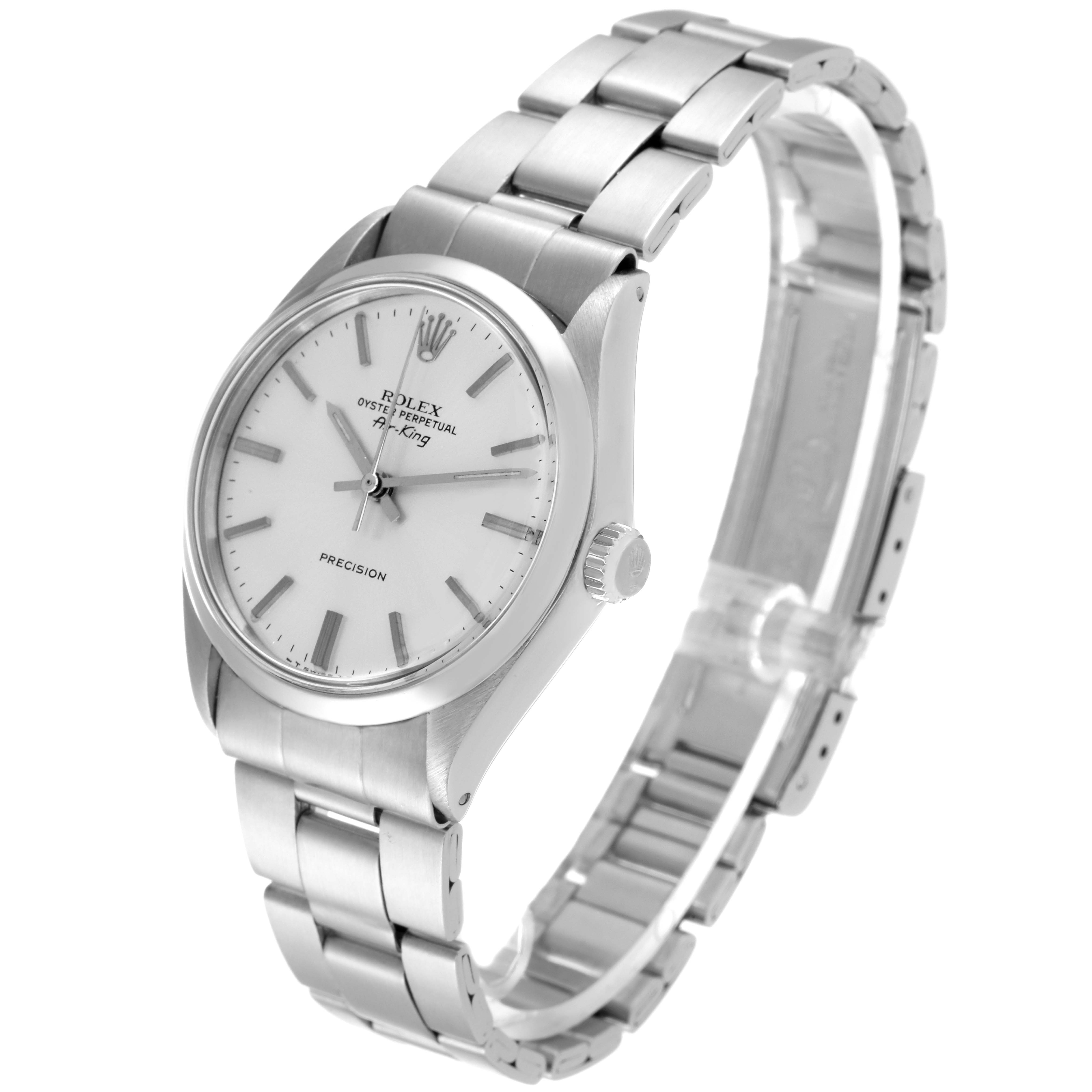 This Rolex Air-King 5500 Men's Stainless Steel Silver Dial 5500 Men's Stainless Steel Silver Dial watch is shown at a 3 o'clock angle, highlighting its dial, crown, and bracelet.