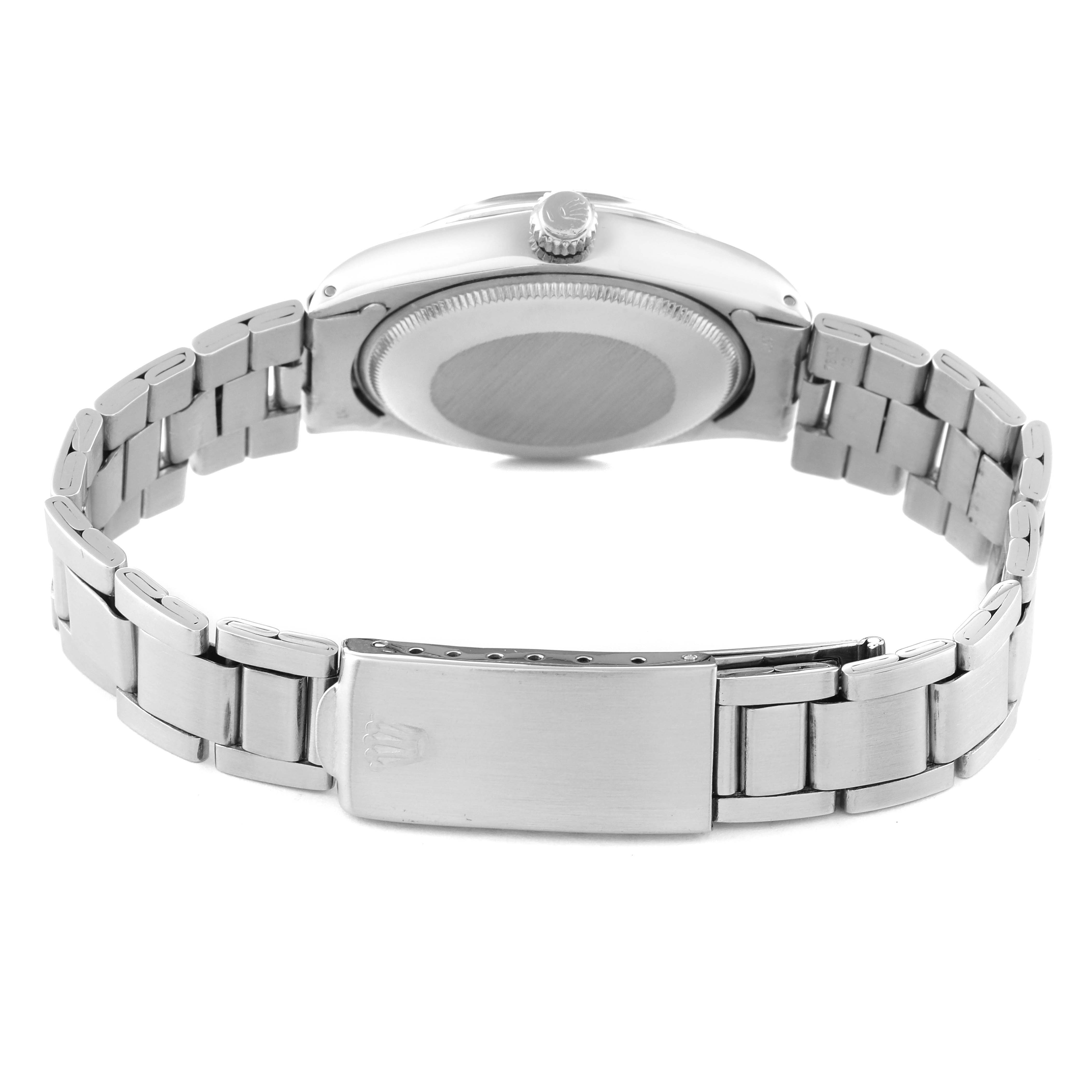 The image shows the backside of the Rolex Air-King 5500 Men's Stainless Steel Silver Dial 5500 Men's Stainless Steel Silver Dial watch, clearly displaying its clasp, bracelet, and case back from a rear angle.