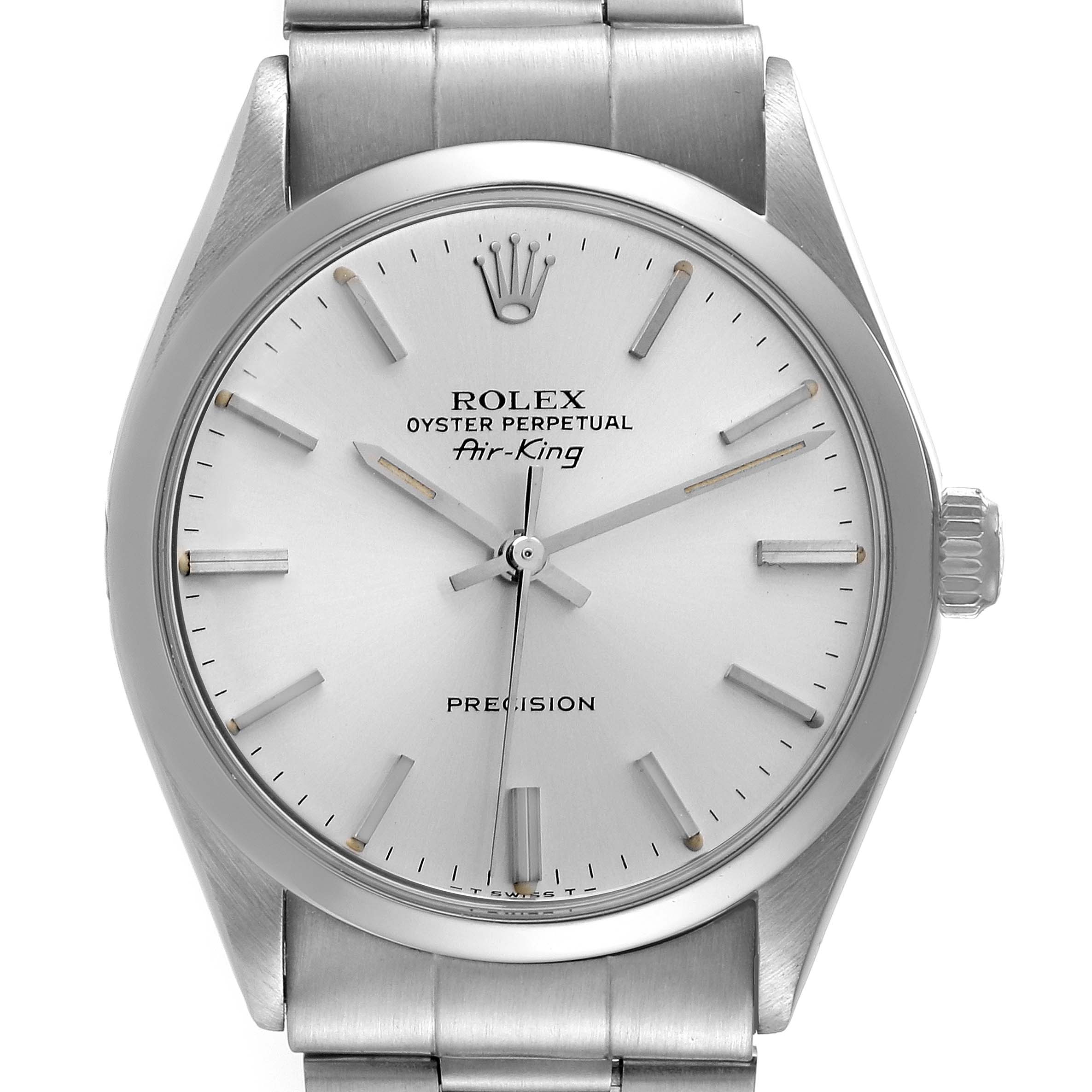 This is a front view of a Rolex Air-King 5500 Men's Stainless Steel Silver Dial 5500 Men's Stainless Steel Silver Dial watch showing its dial, crown, hands, and part of the bracelet.
