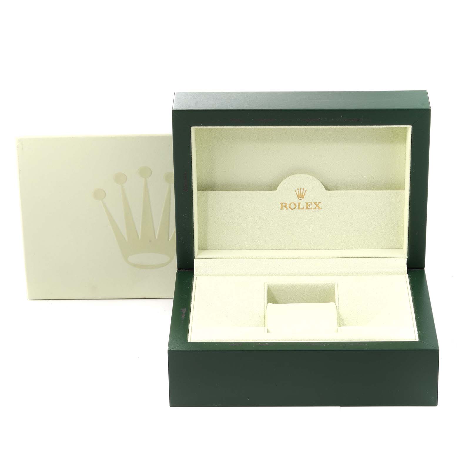 The image shows an open green and cream Rolex box for the Air-King model, with branding on the interior.