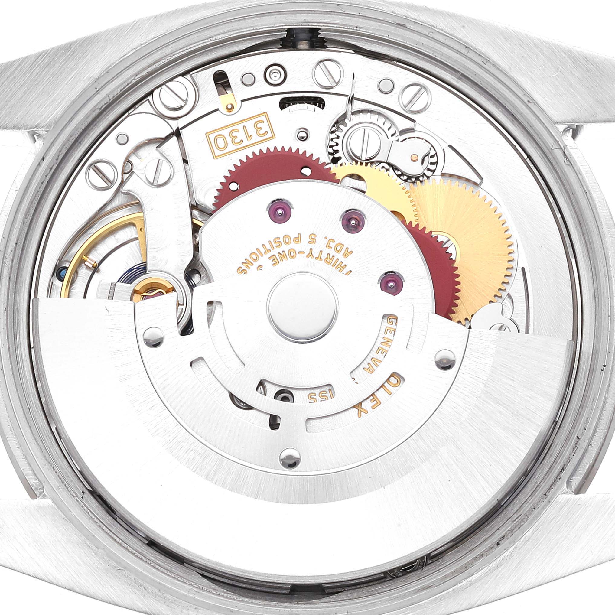 This close-up shot showcases the intricate internal mechanism of a Rolex Air-King 114234 Men's Stainless Steel Silver Dial 114234 Men's Stainless Steel Silver Dial watch, revealing gears and the rotor.