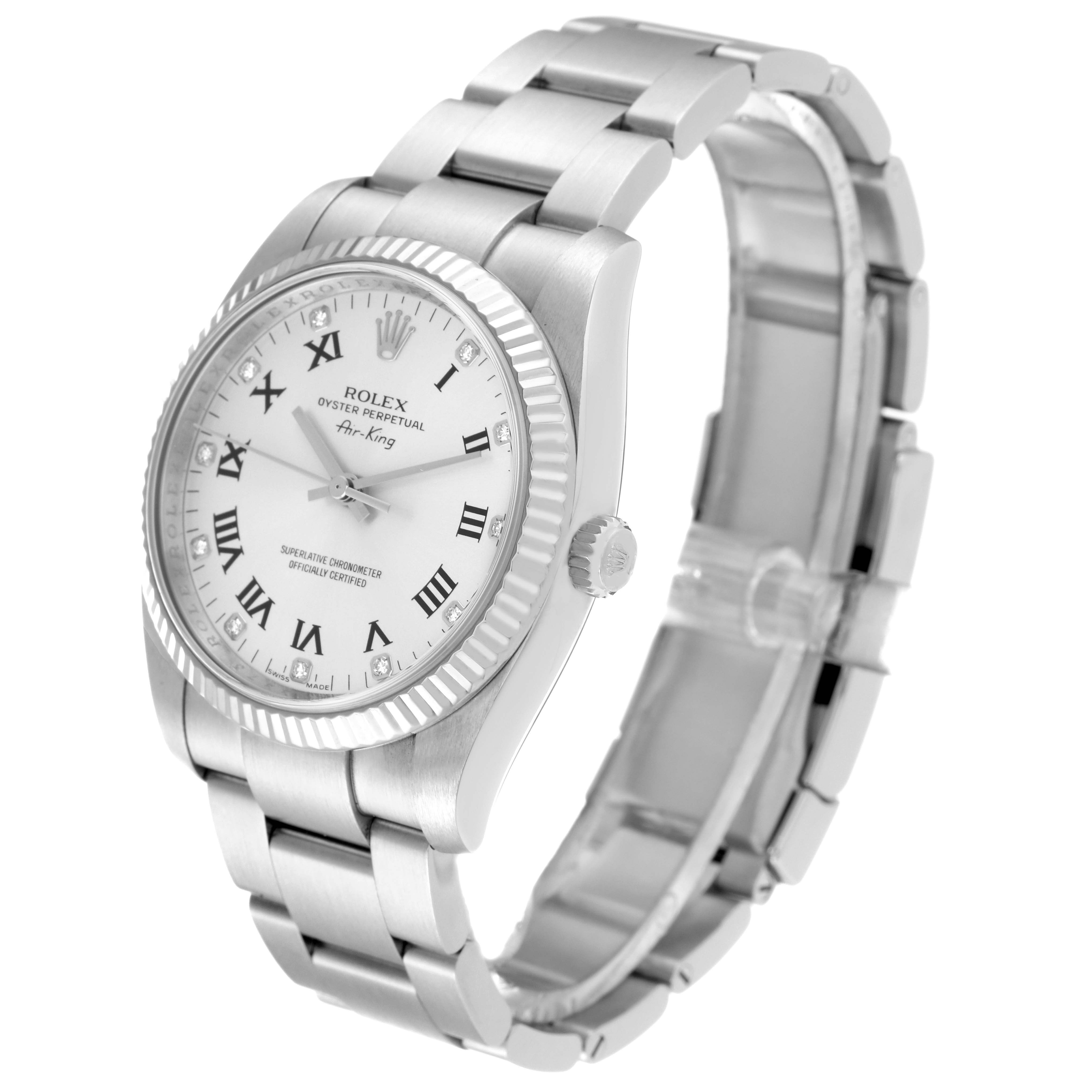 This Rolex Air-King 114234 Men's Stainless Steel Silver Dial 114234 Men's Stainless Steel Silver Dial watch is shown at a slight angle, highlighting its white dial, Roman numerals, and stainless steel bracelet.