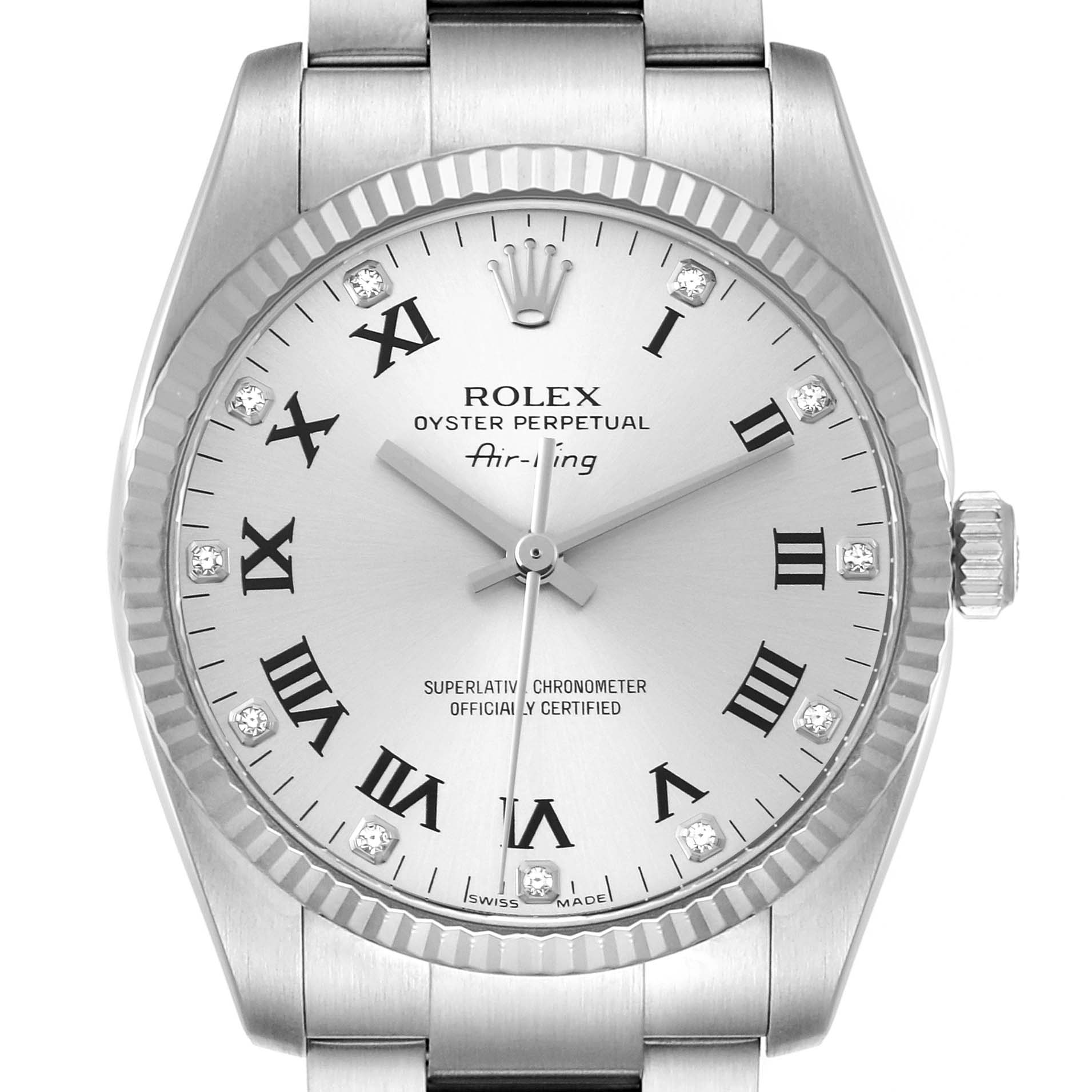 The image shows a front view of a Rolex Air-King 114234 Men's Stainless Steel Silver Dial 114234 Men's Stainless Steel Silver Dial watch, featuring its dial, bezel, and a portion of the bracelet.