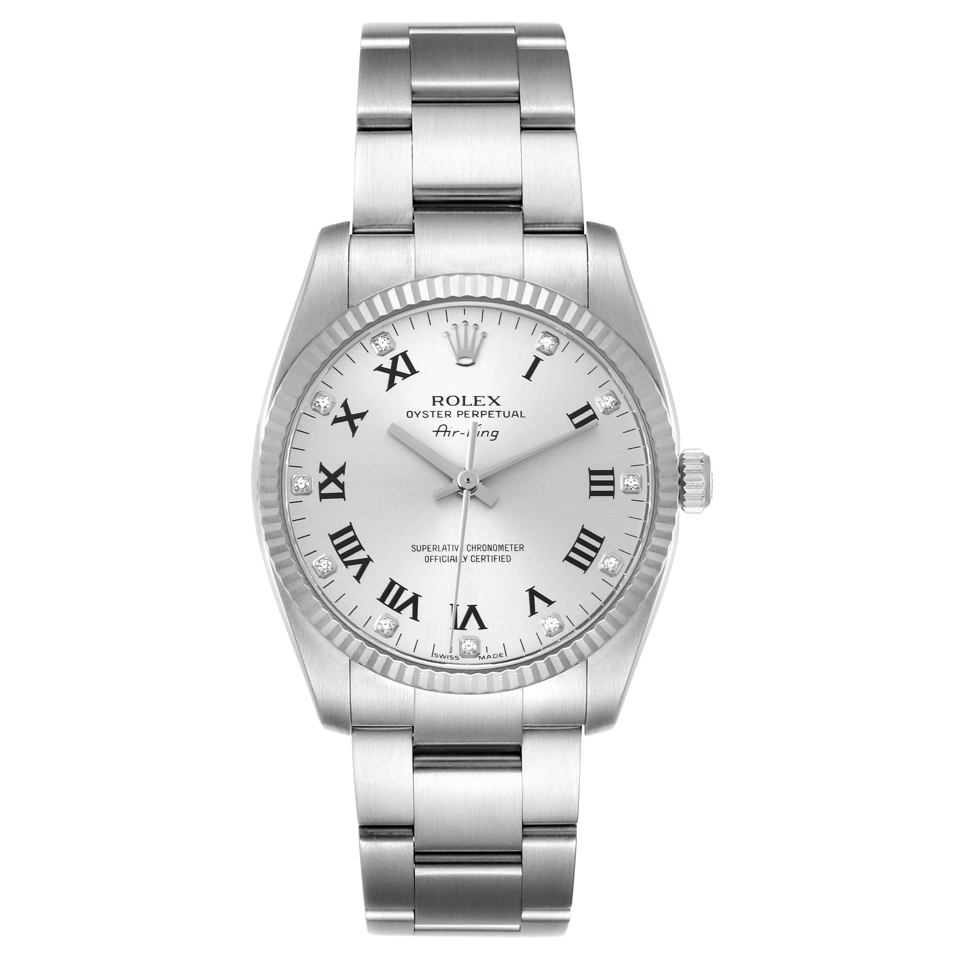 The image shows a front view of a Rolex Air-King 114234 Men's Stainless Steel Silver Dial 114234 Men's Stainless Steel Silver Dial watch, featuring its silver dial, bracelet, and crown.
