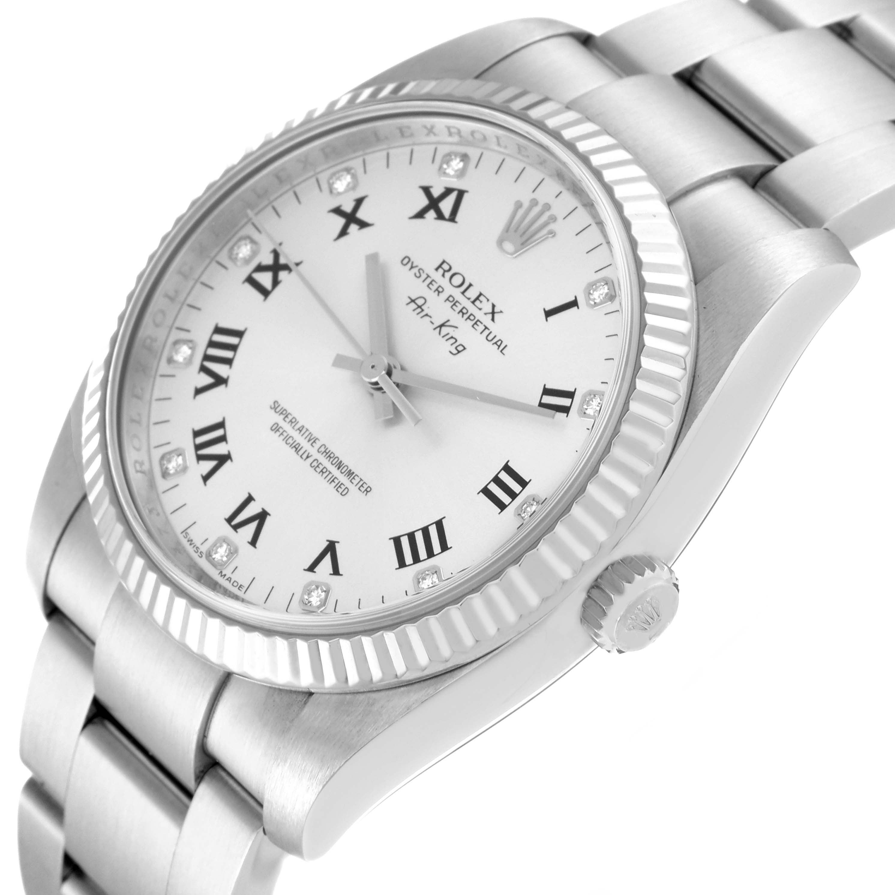 The image shows a close-up, angled view of the dial, bezel, crown, and part of the bracelet of a Rolex Air-King 114234 Men's Stainless Steel Silver Dial 114234 Men's Stainless Steel Silver Dial watch.