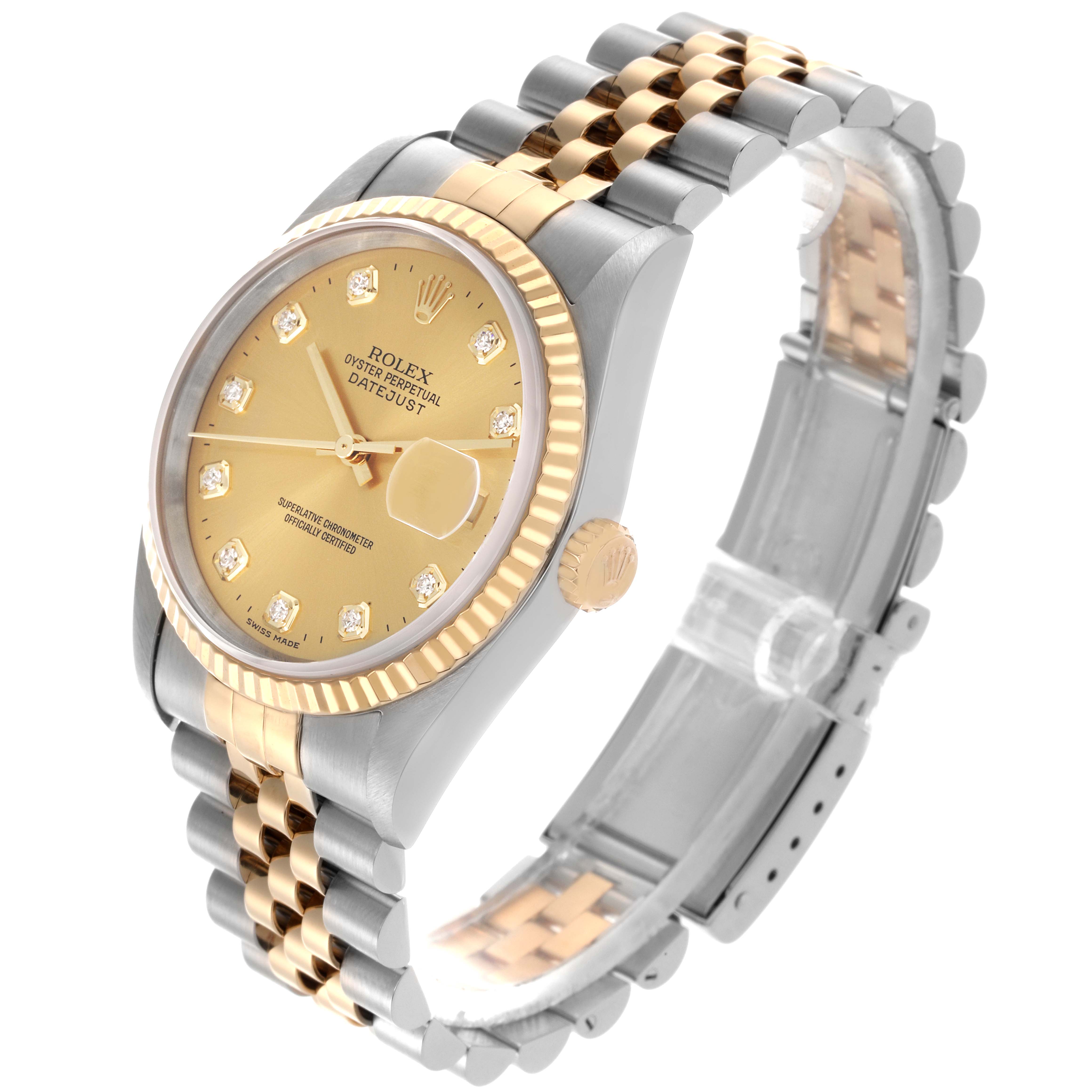 The Rolex Datejust 16233 Men's Steel and Gold (two tone) Champagne Dial 16233 Men's Steel and Gold (two tone) Champagne Dial watch is shown at an angle displaying the dial, fluted bezel, crown, and two-tone Jubilee bracelet.