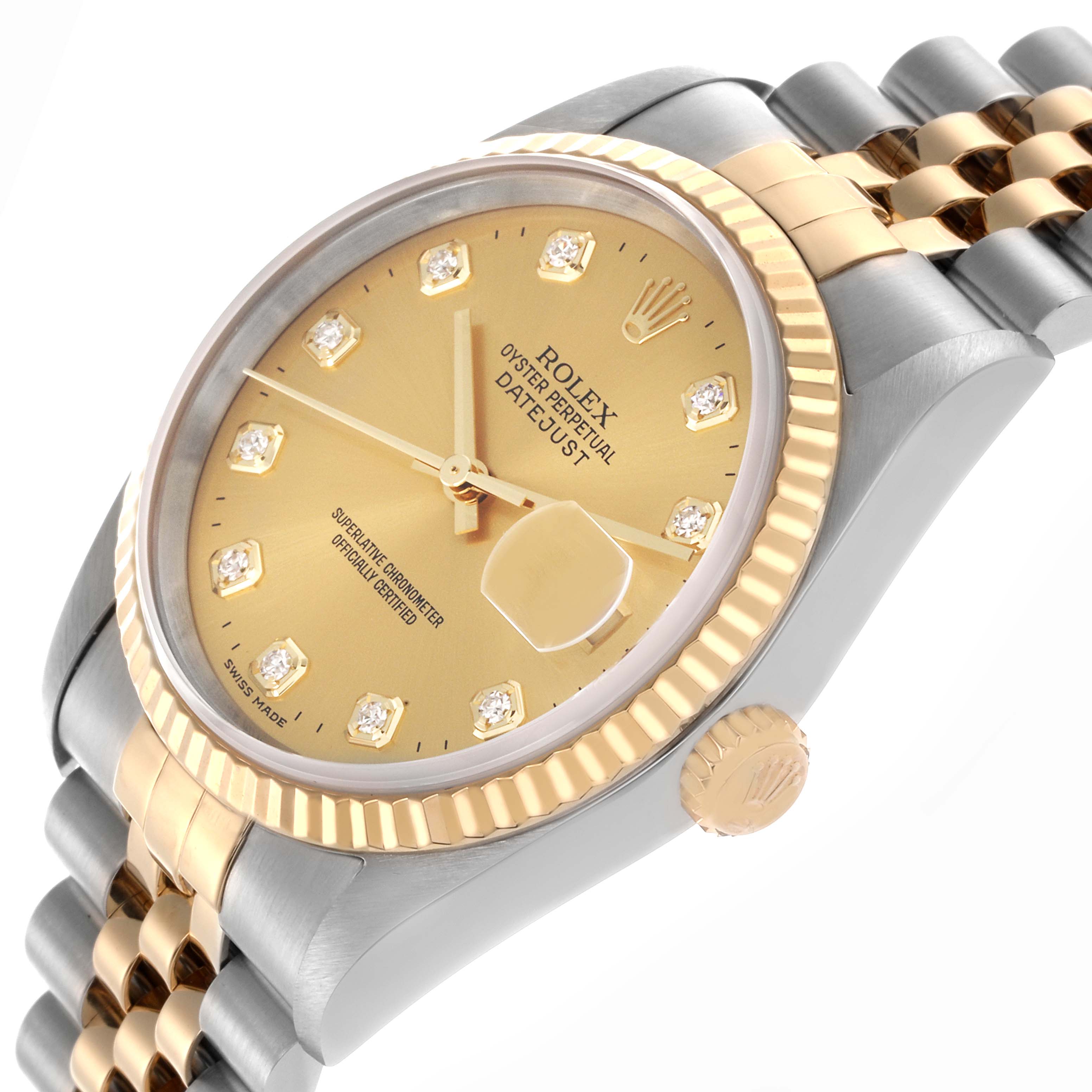 The Rolex Datejust 16233 Men's Steel and Gold (two tone) Champagne Dial 16233 Men's Steel and Gold (two tone) Champagne Dial watch is shown from an angled top view, highlighting the bezel, dial, and part of the bracelet.