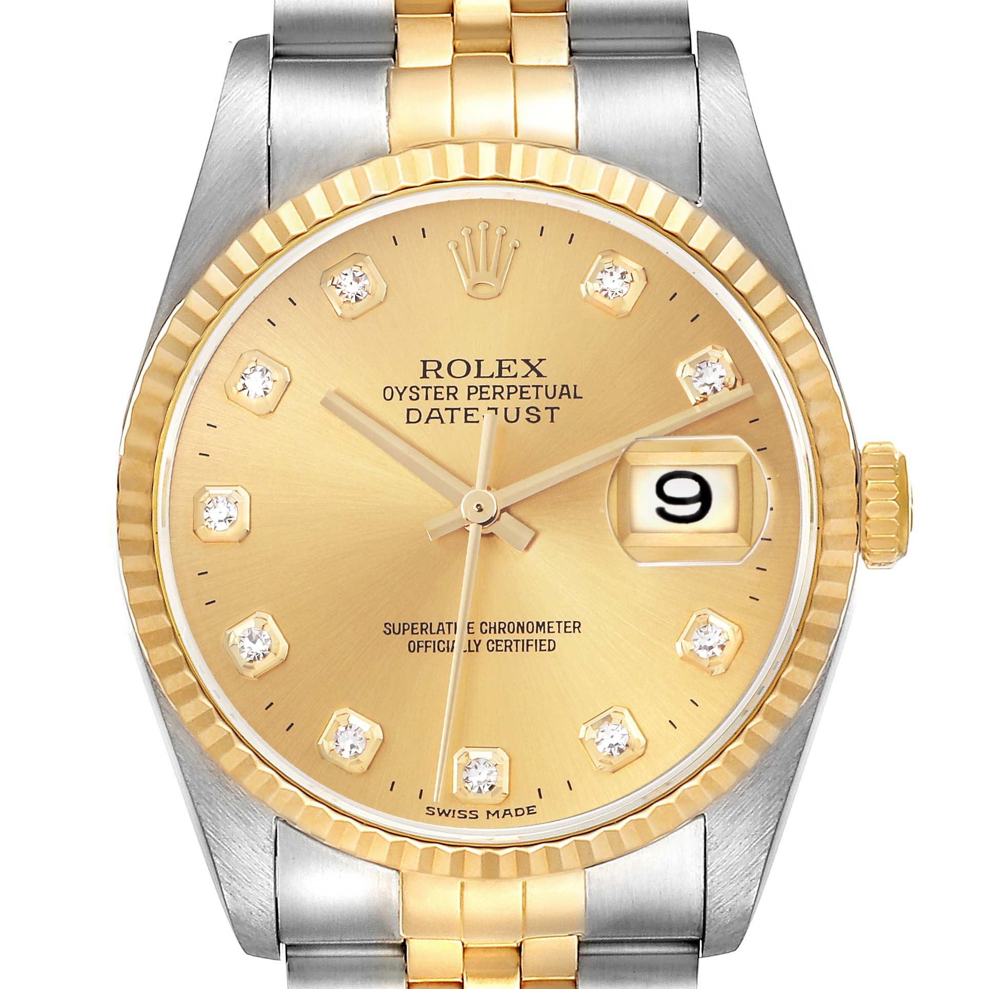 The image shows a front view of a Rolex Datejust 16233 Men's Steel and Gold (two tone) Champagne Dial 16233 Men's Steel and Gold (two tone) Champagne Dial watch, featuring a gold dial, diamond markers, and a two-tone bracelet.