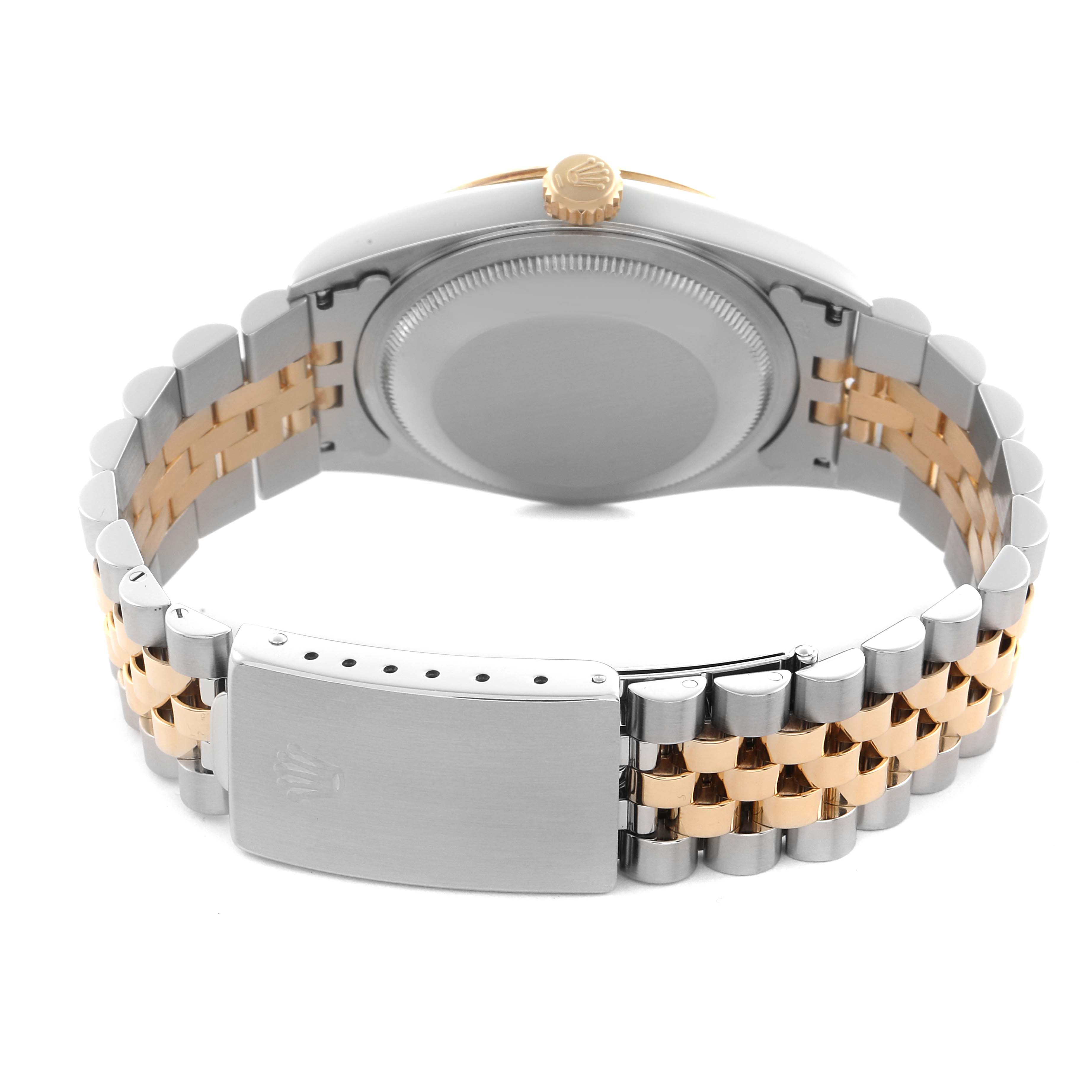 The image shows the back and bracelet of a Rolex Datejust 16233 Men's Steel and Gold (two tone) Champagne Dial 16233 Men's Steel and Gold (two tone) Champagne Dial, featuring a two-tone Jubilee bracelet and clasp.