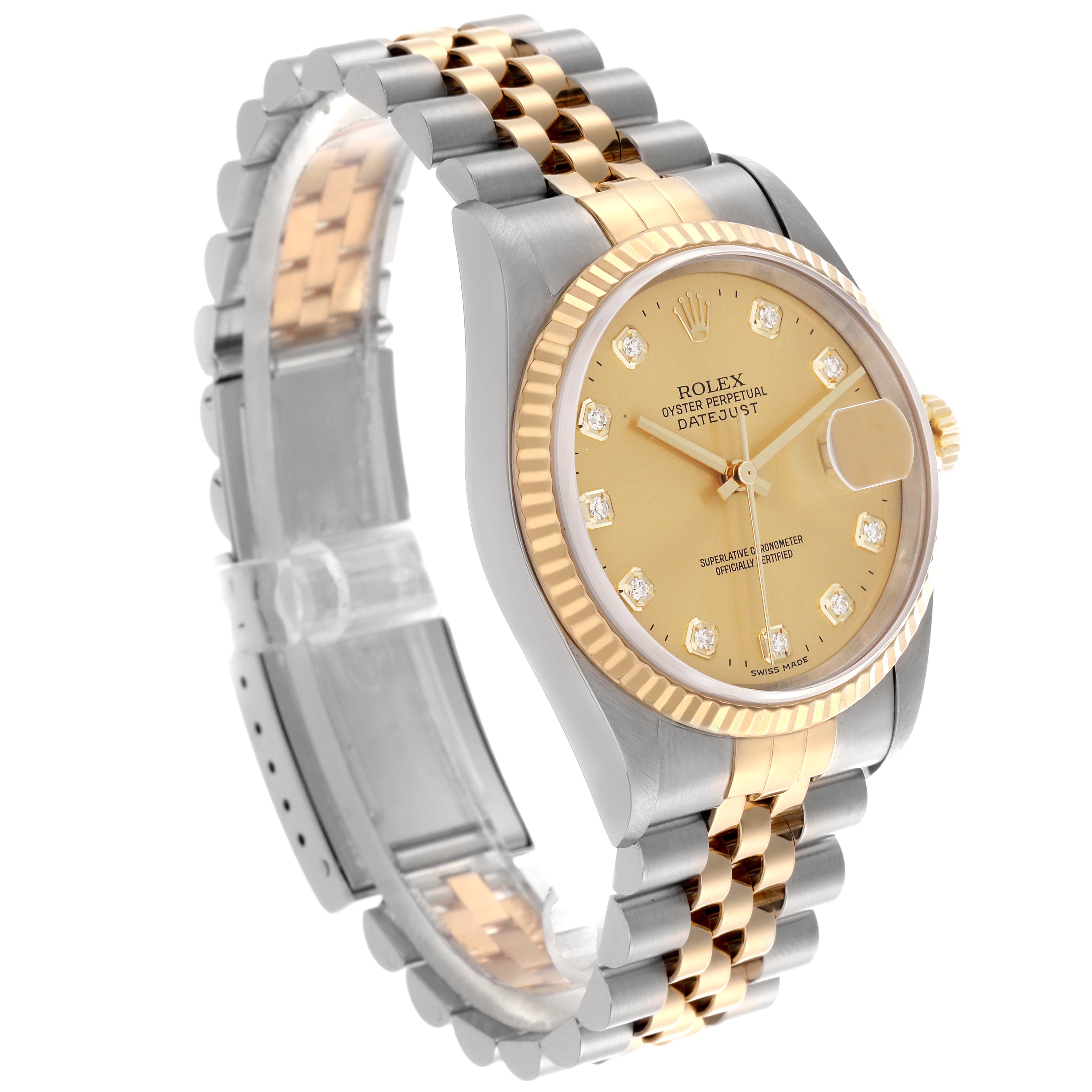 The Rolex Datejust 16233 Men's Steel and Gold (two tone) Champagne Dial 16233 Men's Steel and Gold (two tone) Champagne Dial watch is shown at a three-quarter angle, highlighting its bracelet, gold and silver bezel, and face with diamond markers.