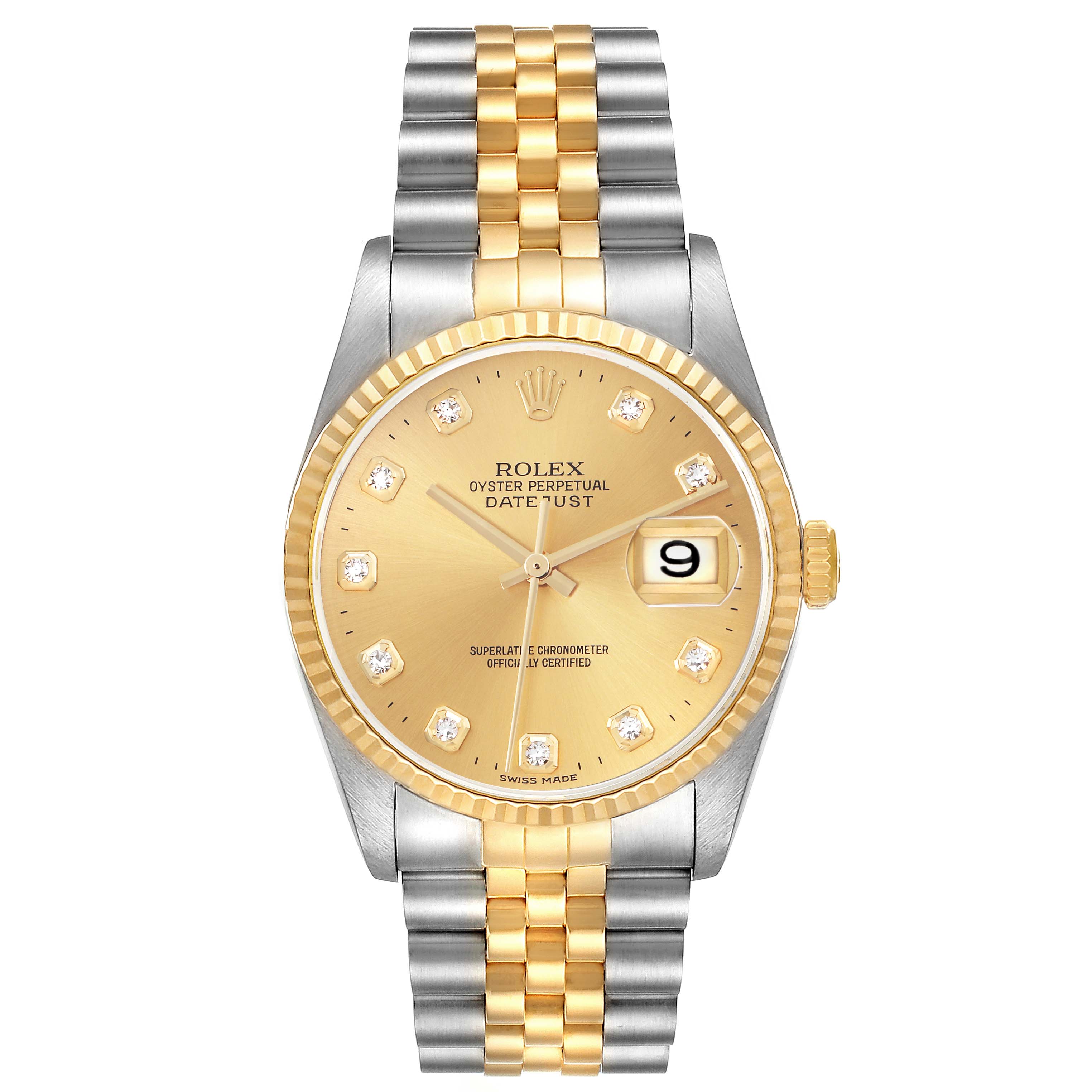 The Rolex Datejust 16233 Men's Steel and Gold (two tone) Champagne Dial 16233 Men's Steel and Gold (two tone) Champagne Dial watch is shown from a top-down angle, highlighting the dial, bezel, and Jubilee bracelet.