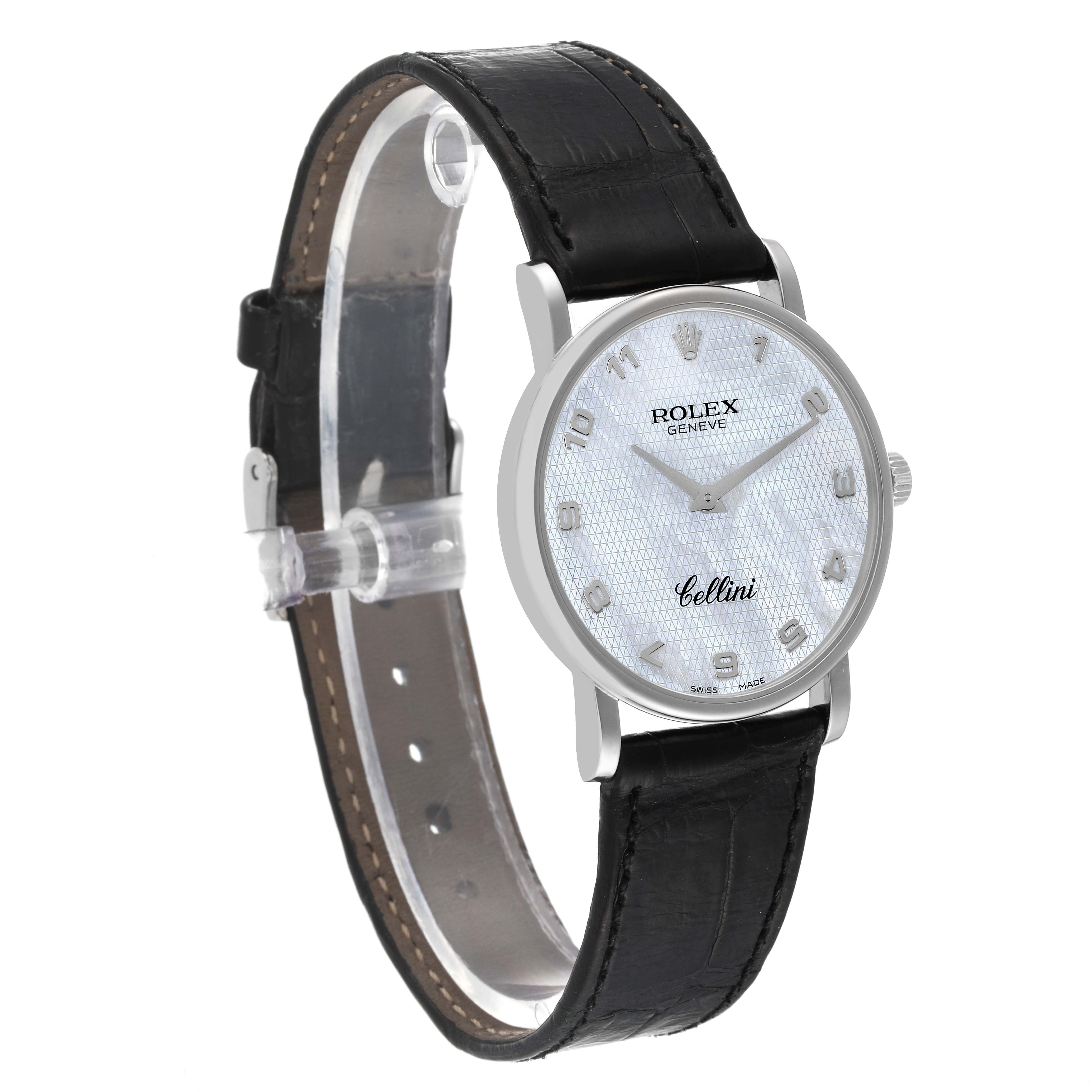 The Cellini model by Rolex is shown on a slight left angle, showcasing the face, bezel, and leather strap.