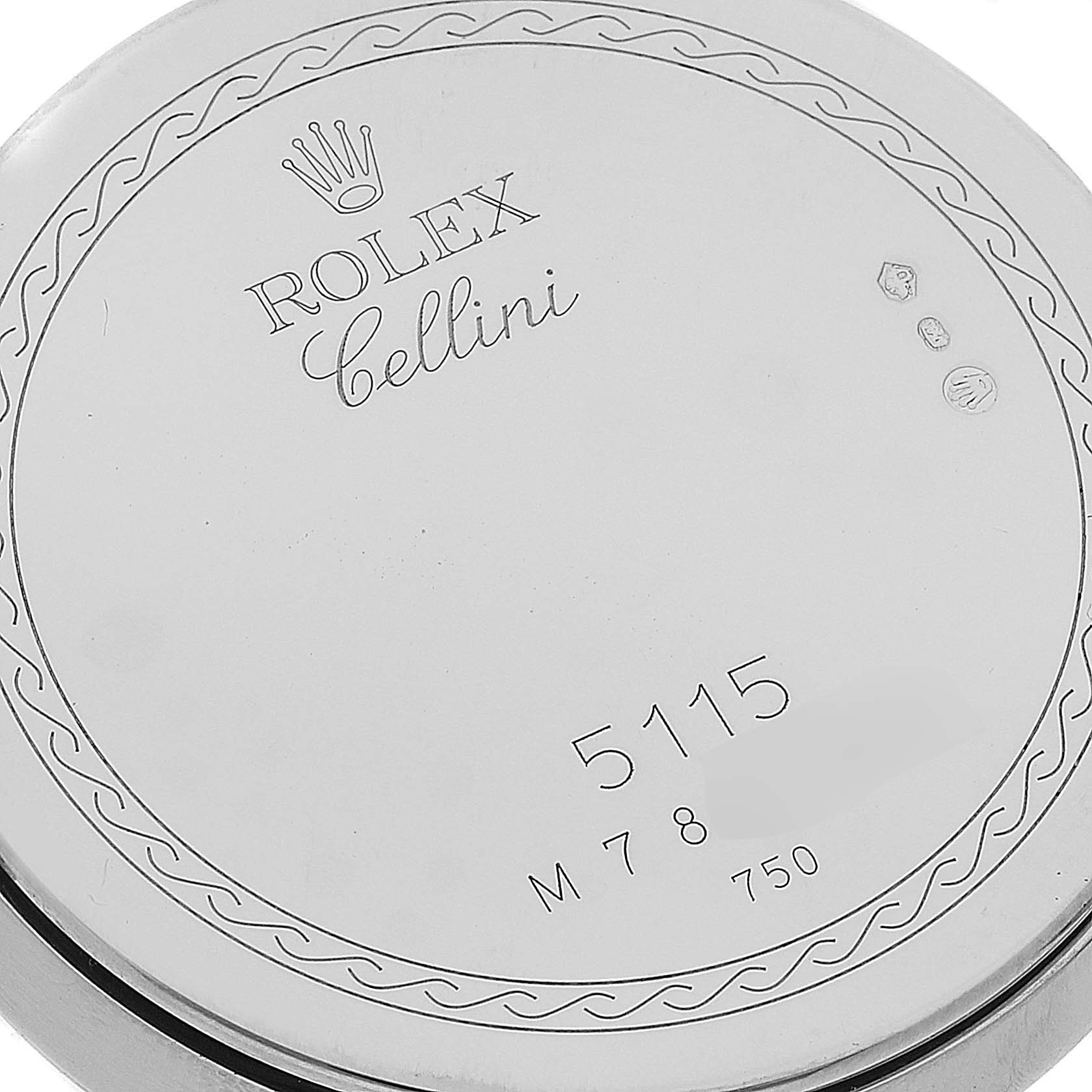 This image shows the back case of a Rolex Cellini 5115 Men
s Stainless Steel Mother of Pearl Dial 5115 Men
s Stainless Steel Mother of Pearl Dial watch with model number 5115.